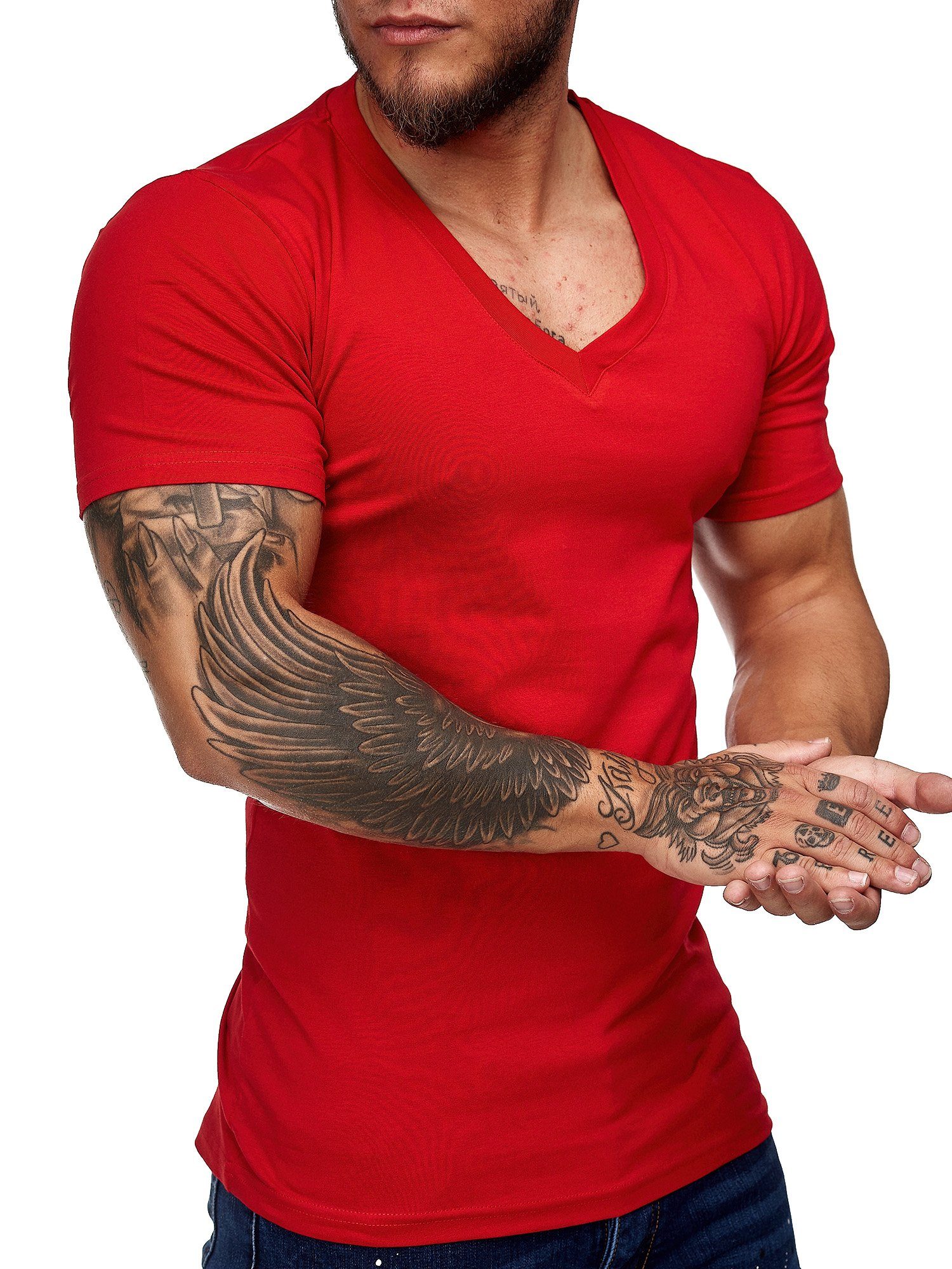 OneRedox T-Shirt 8031ST (Shirt Tee, Casual Kurzarmshirt Polo 1-tlg) Rot Freizeit Fitness