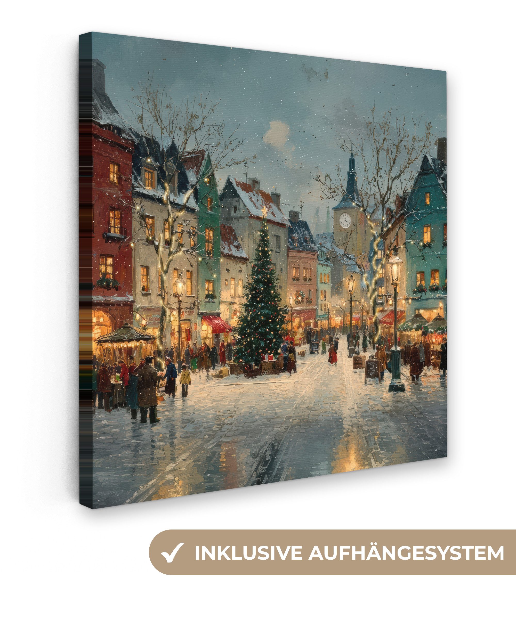 OneMillionCanvasses® Leinwandbild Weihnachtliche Atmosphäre - City Square - Farbenfroh, Fotodruck (1 St), Wandbild, Deko Schlafzimmer Wohnzimmer Flur 20x20 cm