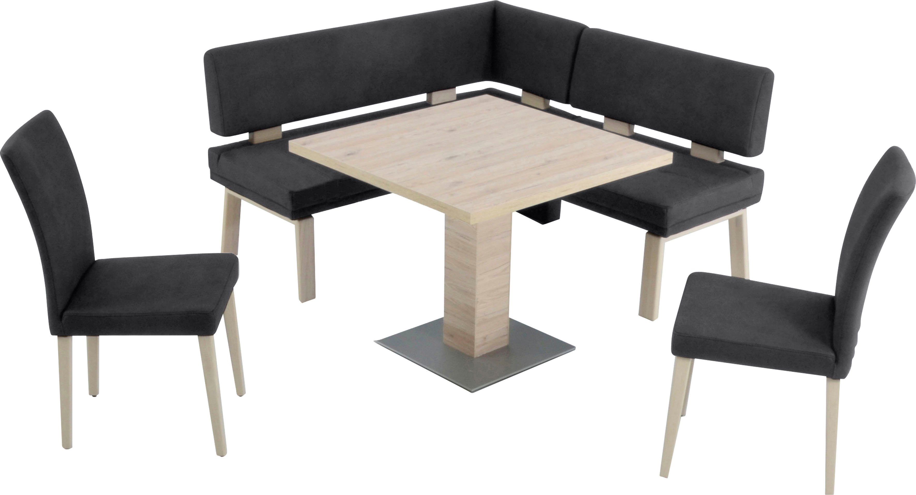 K+W Komfort & Wohnen Eckbankgruppe Santos I, gleichschenklig 157cm, zwei 4-Fußholzstühle und Tisch 90x90cm, Eiche black