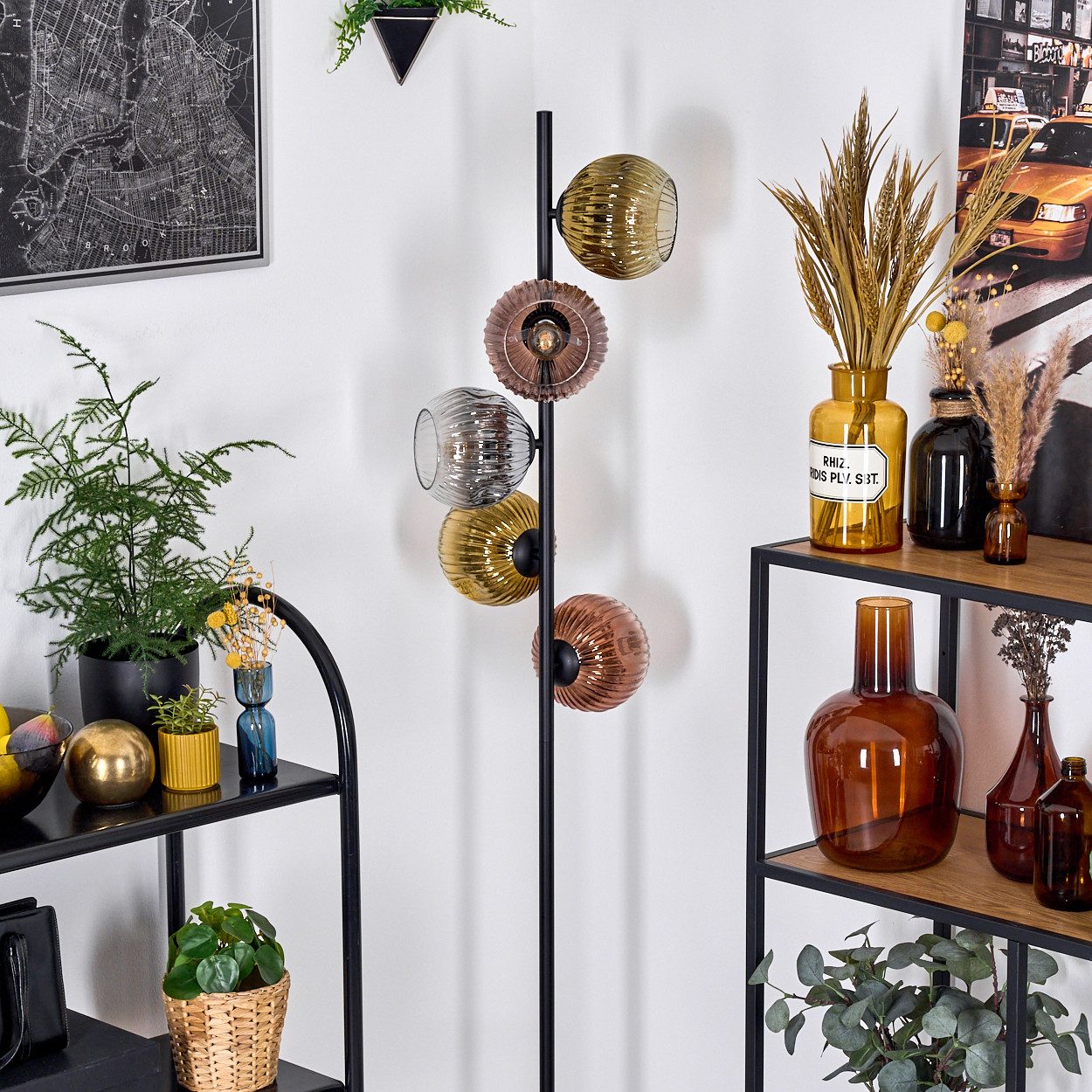 hofstein Stehlampe Stehlampe aus Metall/Riffelglas, Schwarz/Kupfer/Rauch/Gold/Klar, E14, ohne Leuchtmittel, moderne Stehleuchte, Retro-Design, Ø Schirme 15cm, Fußschalter, 160cm