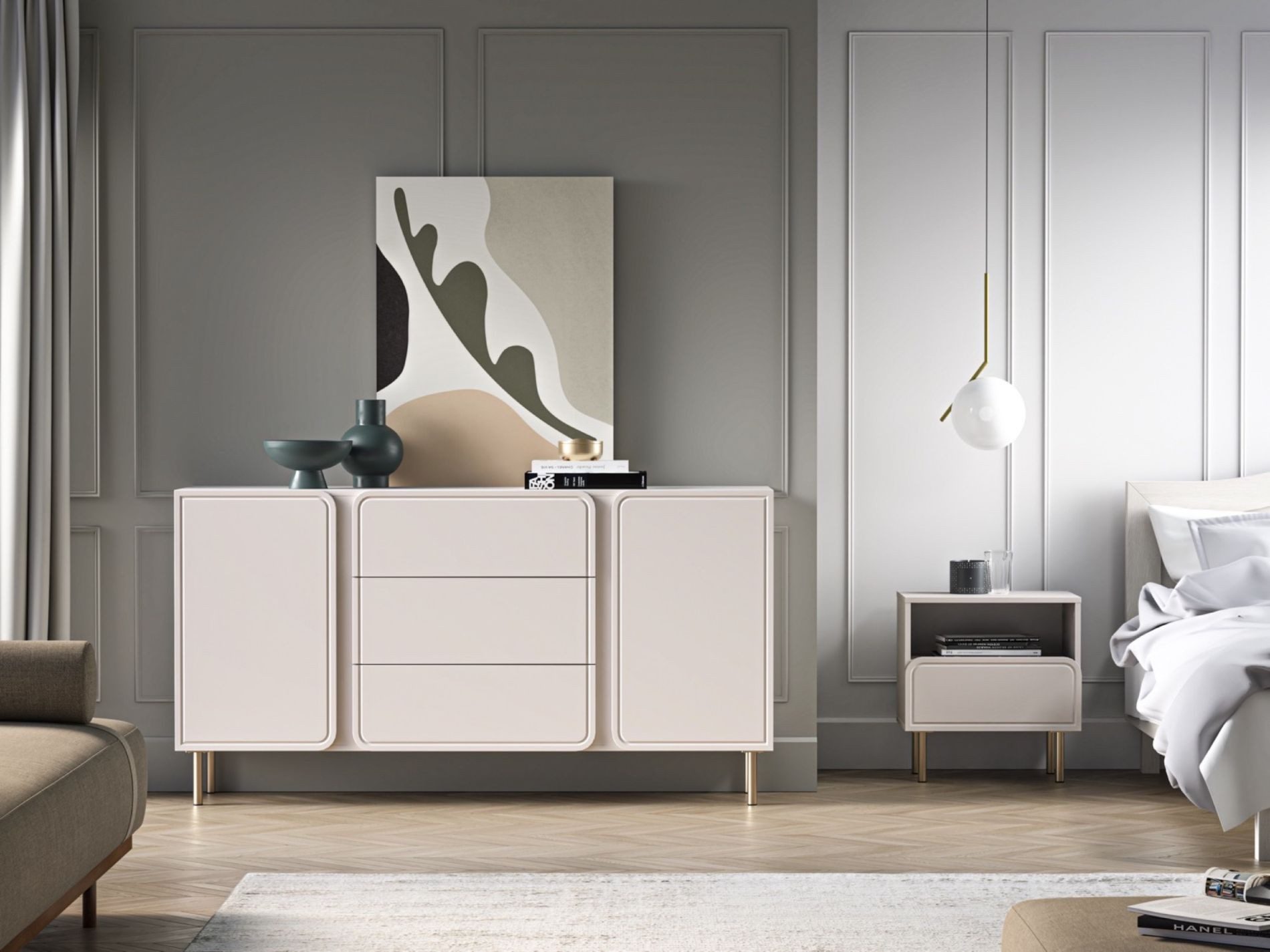 Selsey Sideboard LOPPA, Sideboard in Kaschmirbeige mit Schubladen & goldenen Füßen