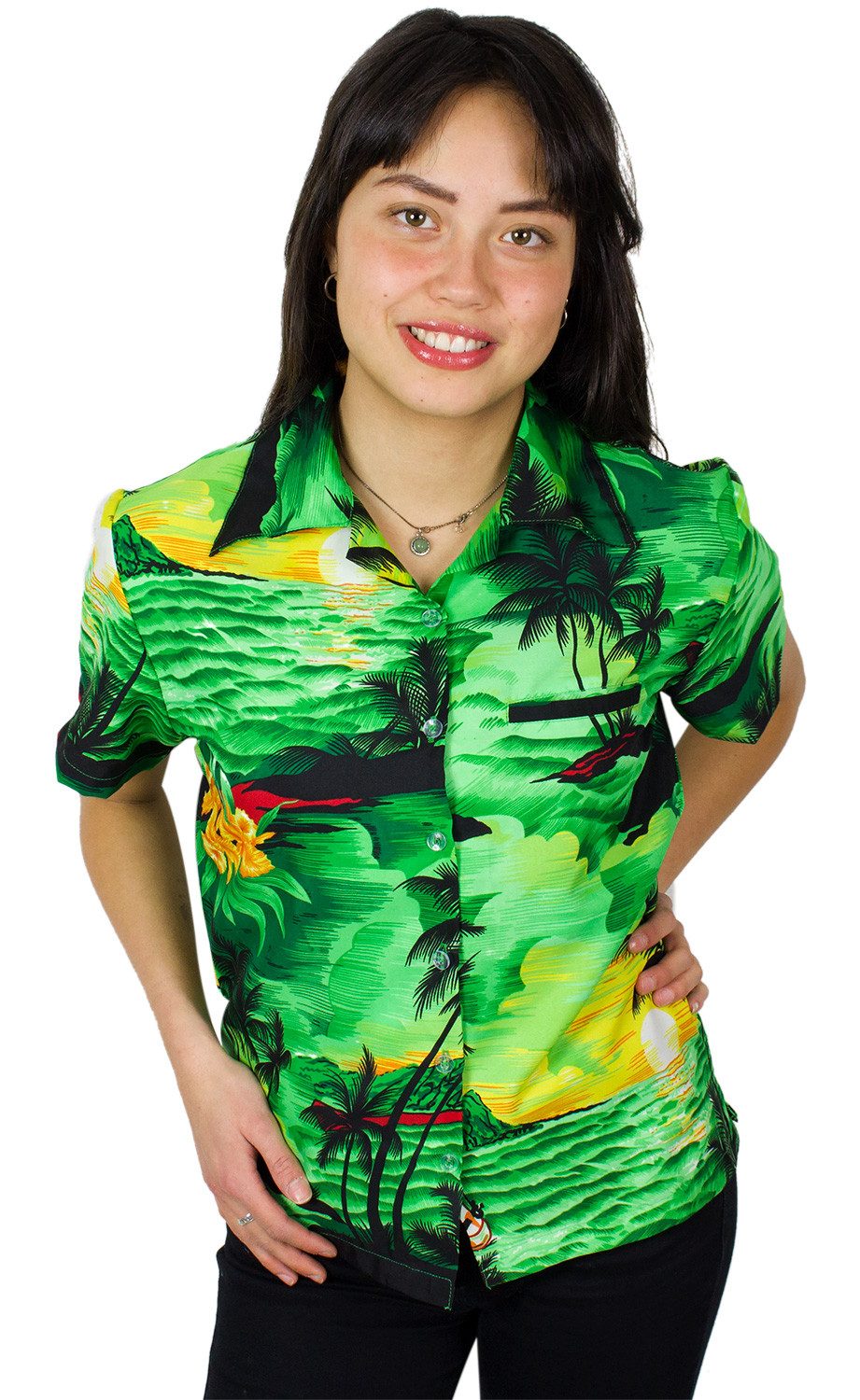 King Kameha Hawaiihemd Surf Funky Hawaiibluse Damen Kurzarm Front-Tasche Stylish