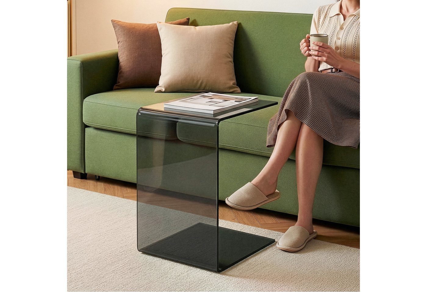 en.casa Beistelltisch, »Trölmapilu« Glas C-Form fertig montiert 60 x 40 x 40 cm Grau