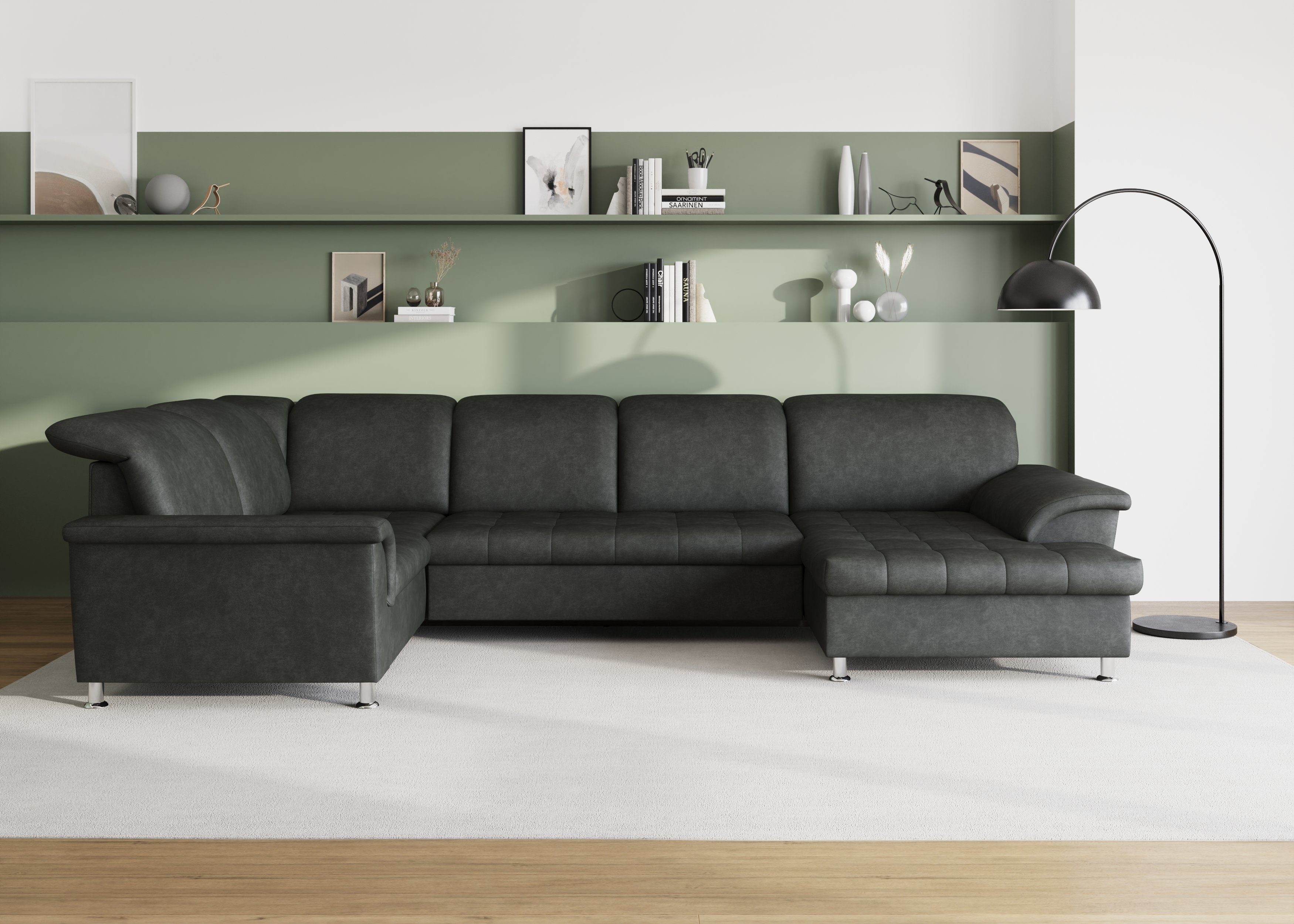 DOMO collection Wohnlandschaft Franzi optional mit Bettfunktion, Bettkasten & Kopfteilverstellung, U-Form, Recamiere rechts, grau, B/T: 344/206 cm