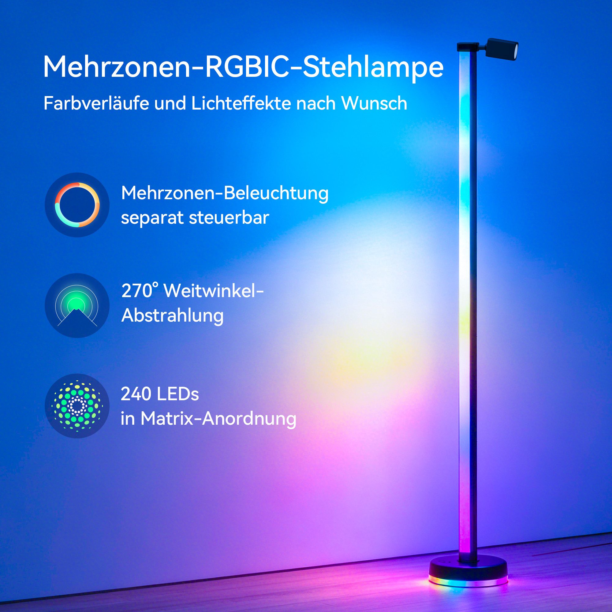 Mai & Mai LED Stehlampe LED Stehleuchte dimmbar mit Leselampe Wohnzimmer Schwarz Lineora-02, LED fest integriert, RGB + Warmweiß, Farbwechsel,16 Mio. Farben,Musik-Sync,Timer,Sprachsteuerung