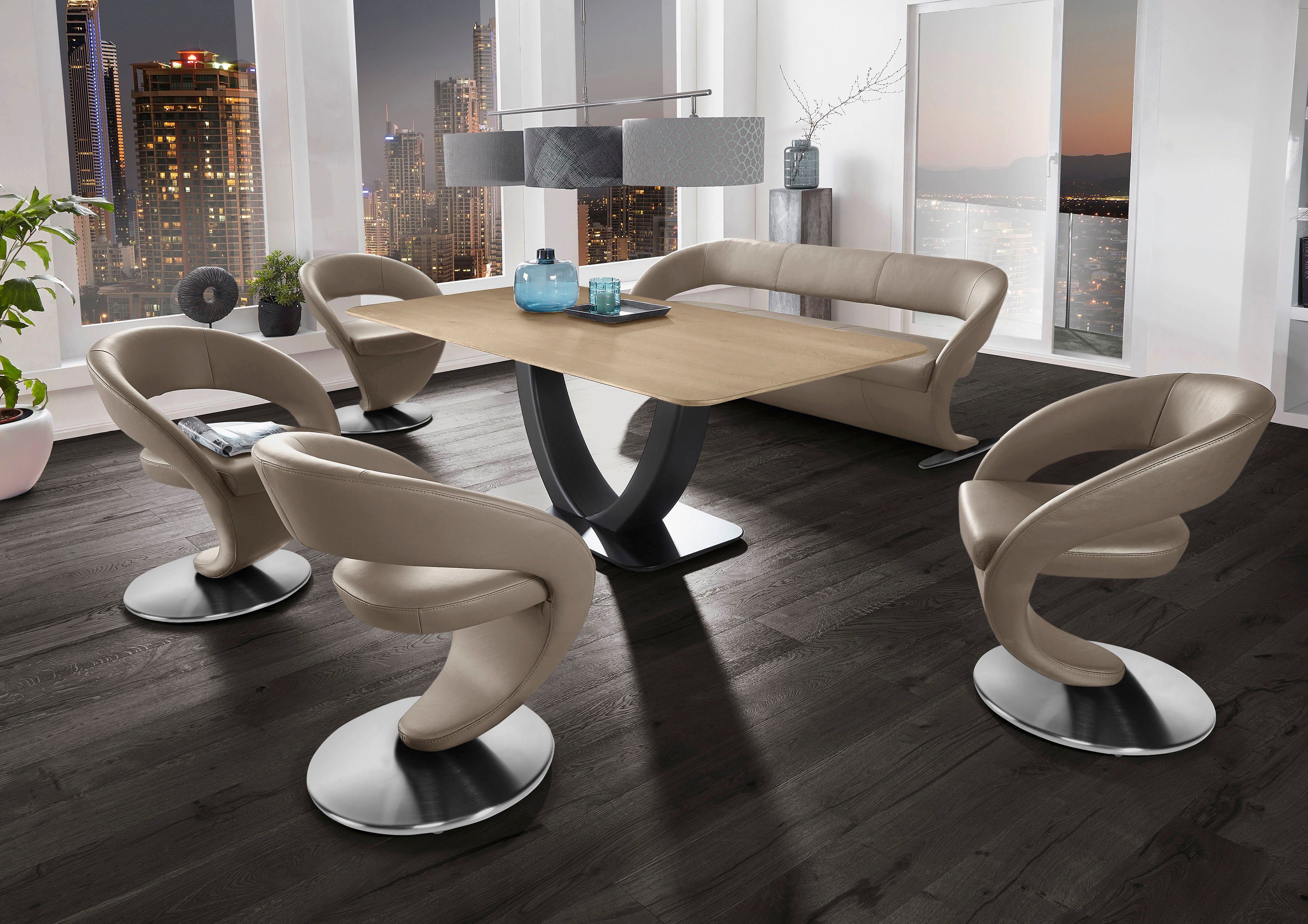 Design-Drehstühlen K+W und 4 Essgruppe Design-Solobank Tisch & 180x90cm Wave, mit in (Set), Komfort Wohnen