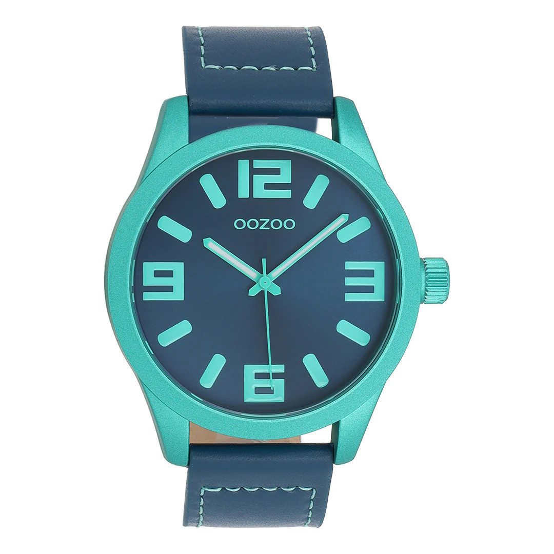 OOZOO Quarzuhr XXL Unisex Uhr C0912 Aquagrün Dunkelblau 46 mm Lederband