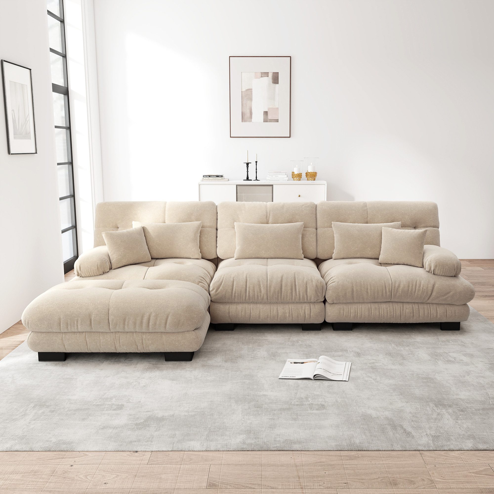 Leawin Ecksofa Luxuriöses Modulares Ecksofa Übergroße Cloud Couch Chenille Hellbraun, L-Form Sofabett mit Hocker & Cloud-Sitz, ideal fürs Wohnzimmer
