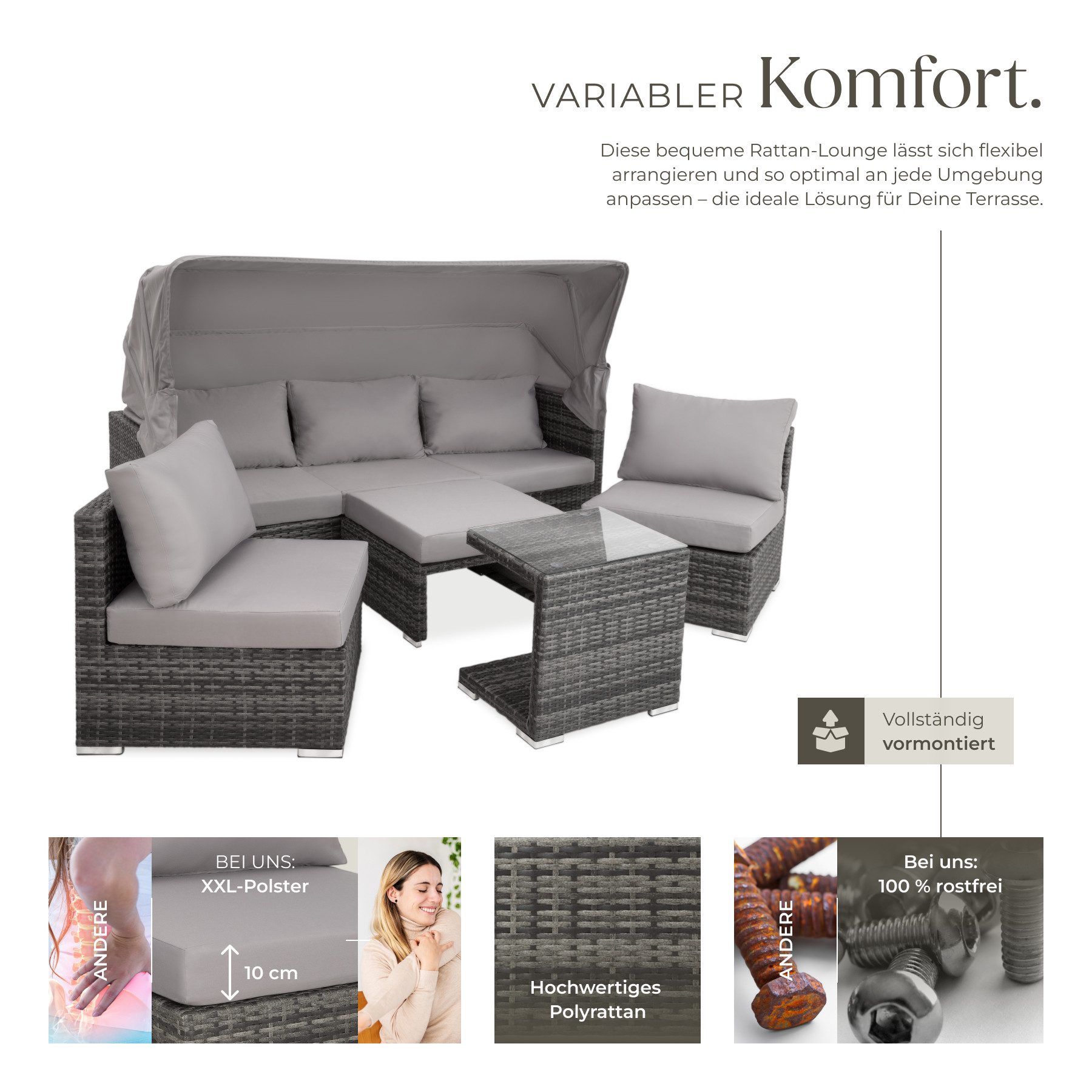 tectake Loungeset Rattan Lounge, (Set., 7-tlg), Klappbarer Sonnenschutz