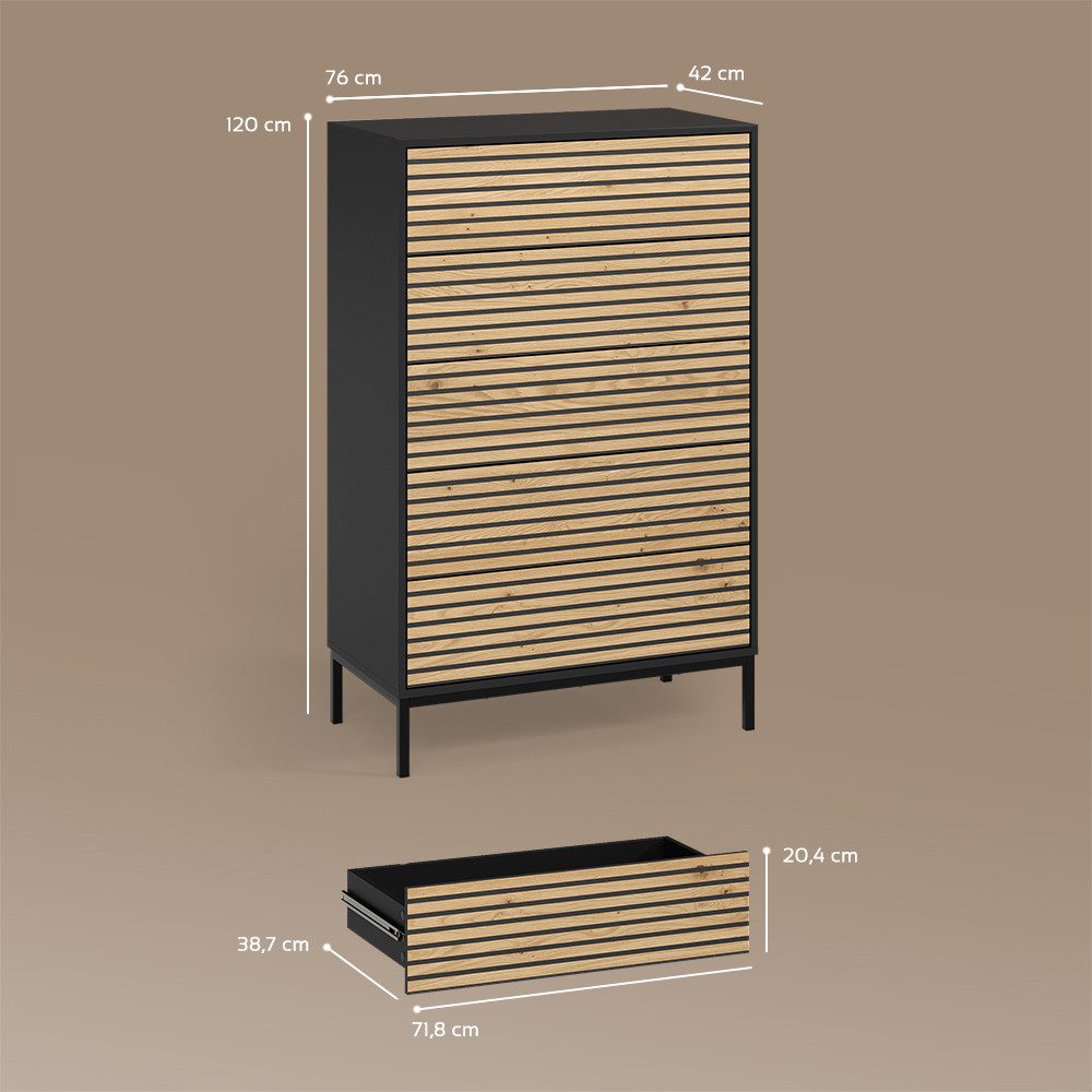 Livinity® Kommode Aterno, Goldkraft Eiche/Anthrazit/Anthrazit, mit 5 Schubladen (1 St)
