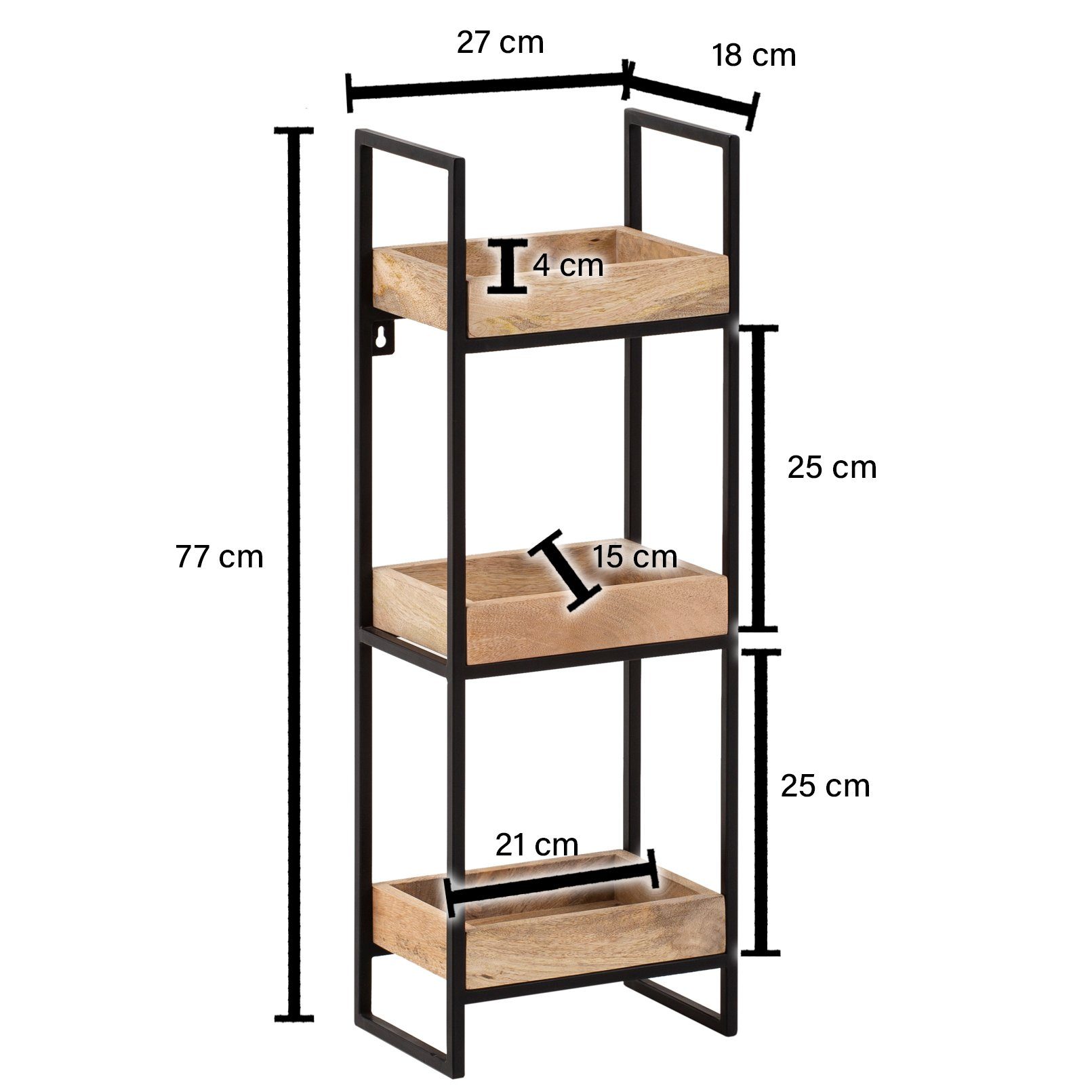 FINEBUY Wandregal FB95559 Hängeregal 27x77x18 cm Massivholz Metall Regal Industrial, 27x77x18 cm Mango Massivholz Metall Hängeregal, Schweberegal Rechteckig, Regal Hängend Industrial