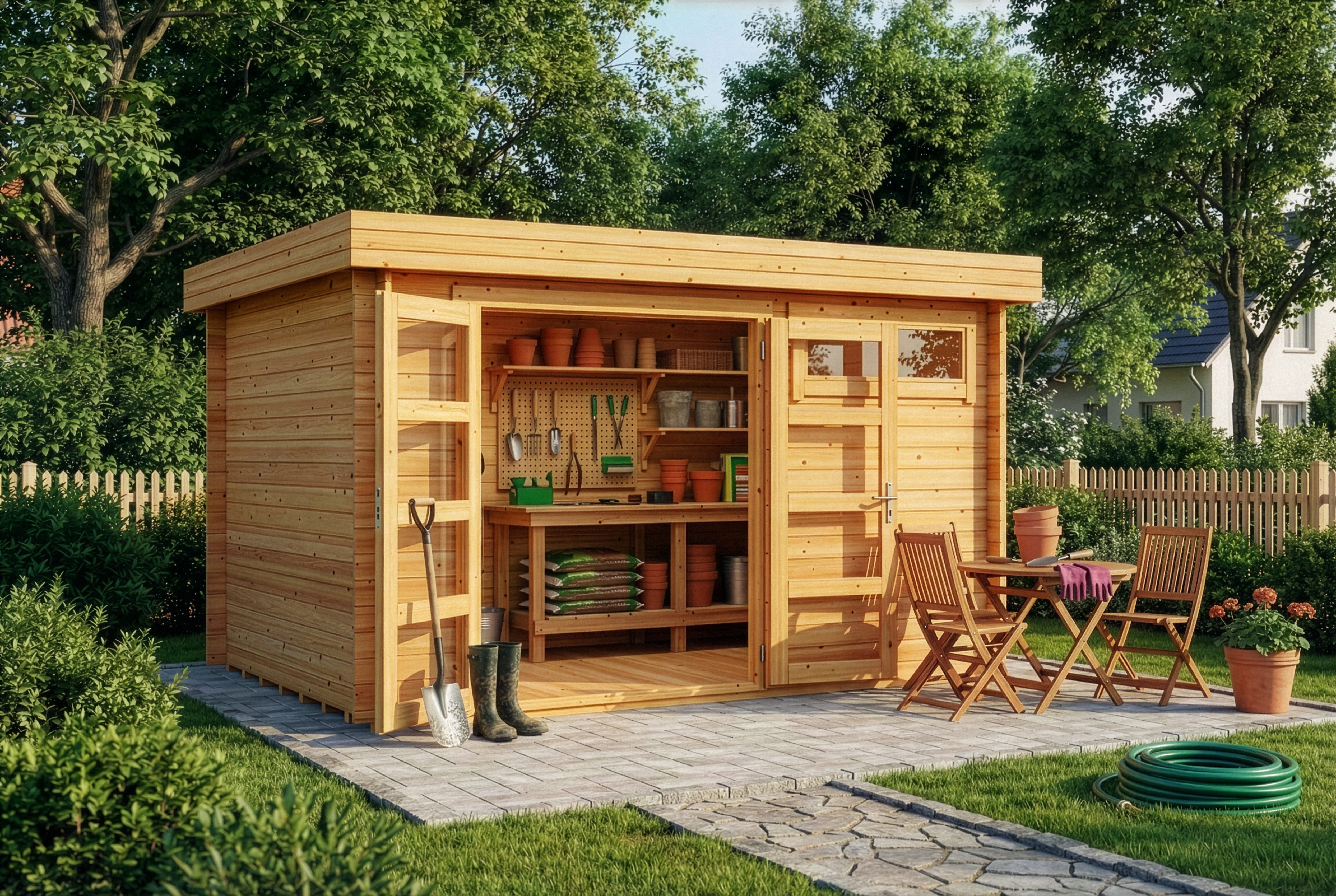Alpholz Gartenhaus Holz Leandro, BxT: 394x268 cm, in Imprägniert (Pinie) Inkl. Fußboden mit 28mm Wandstärke