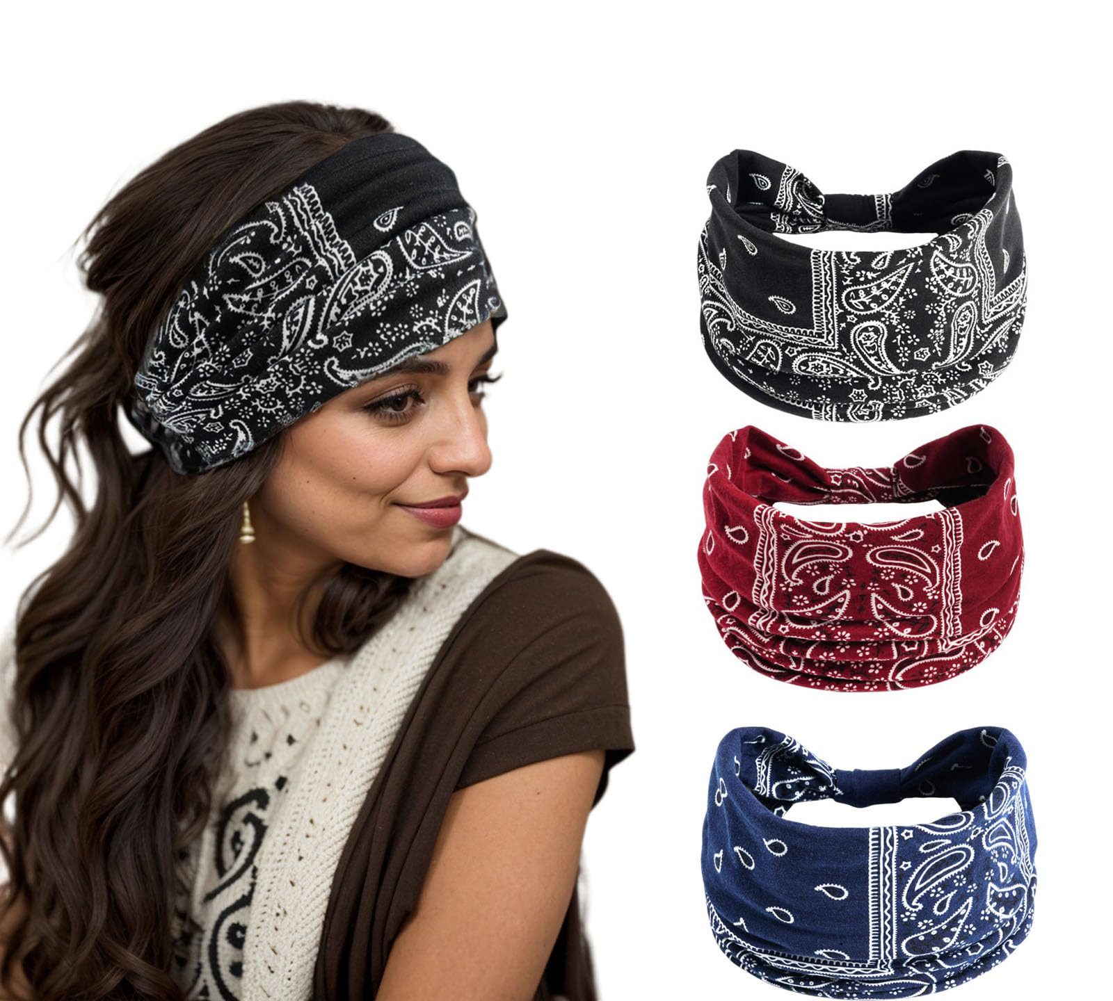 Zaewry Haargummi Stirnbänder Damen Frauen Breites Haarband Boho Blumendruck Knot, 3-tlg., Elastische Lauf Yoga Kopfwickel Haarbänder
