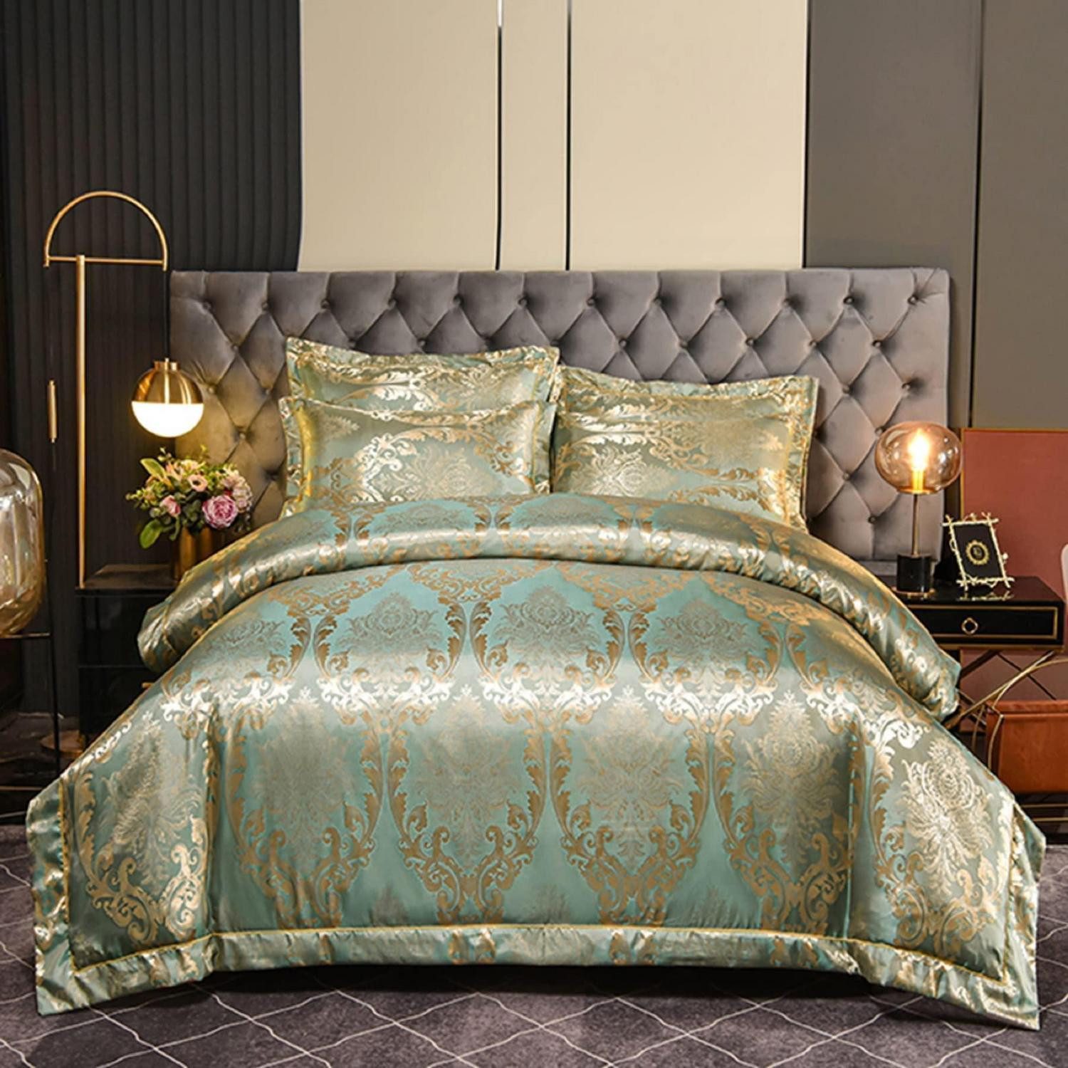 LuxusKollektion Bettwäsche Bettwäsche 200x200 Gold Hellgrün Satin Barock Jacquard