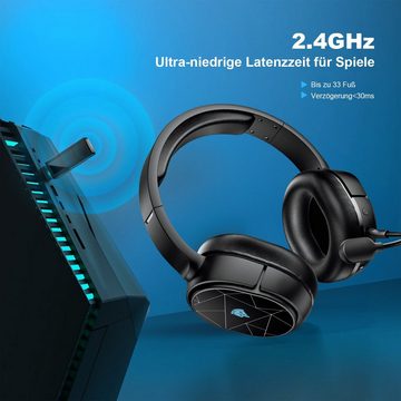 Powerwill Gaming Headset 2.4GHz/Bluetooth PC Wireless Kopfhörer Kopfhörer (Bluetooth+2.4g, Mikrofon mit Geräuschunterdrückung, RGB-Lichteffekt mit Farbverlauf, ansteckbares Mikrofon, Mikrofon, Bluetooth, für PS4/PS5/Switch/Steam Deck/Smartphone mit abnehmbarem Mikrofon)