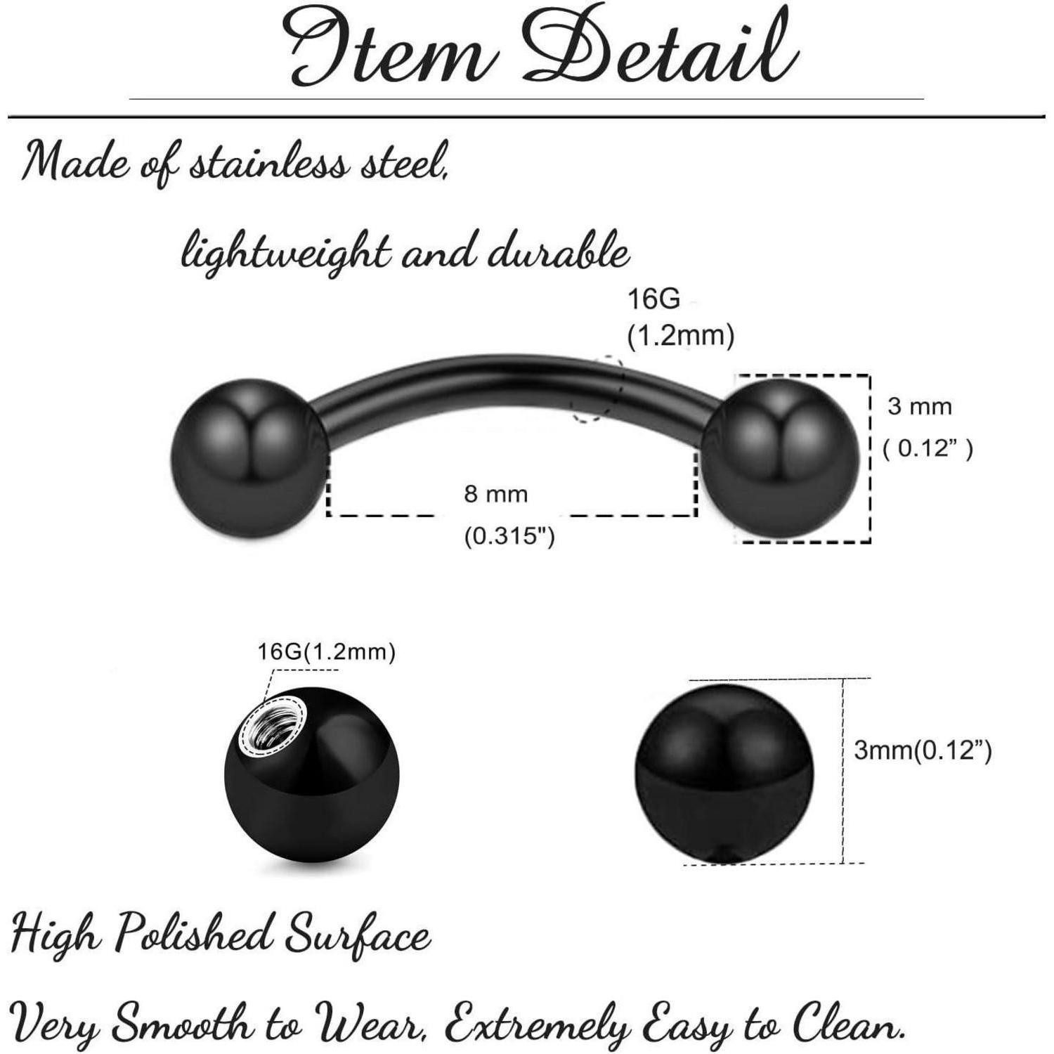 LuxusKollektion Augenbrauenpiercing Curved Barbell Piercing Augenbrauen Lippe Helix 1,2mm 8mm Edelstahl