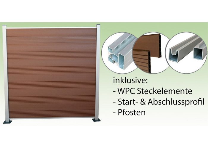 Woodstore24 Zaun Komplettset WPC Zaun Sichtschutz Steckzaun 185 x 180 cm inklusive Pfosten zum Einbetonieren Farbe: braun / silber eloxiert