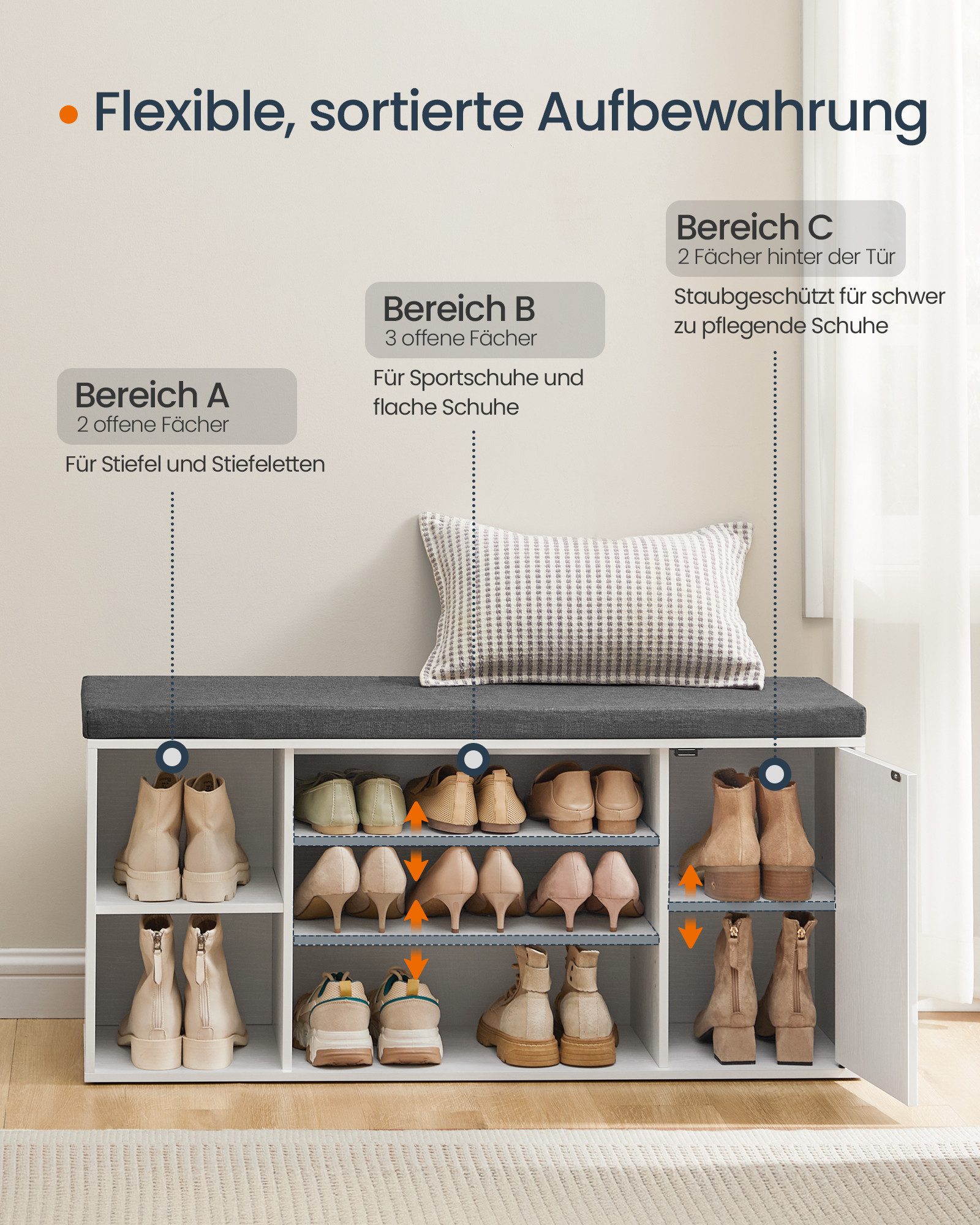 SONGMICS HOME Schuhbank Sitzbank mit Stauraum, offene Fächer, verstellbar, Schuhschrank, Toolless-Technologie, superschnelle werkzeuglose Montage – Bild 4 von 5