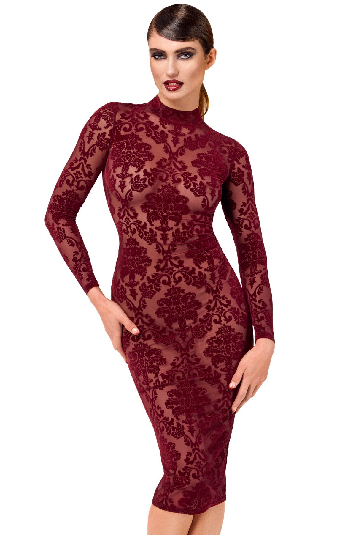 Noir Handmade Minikleid Damen Tüll Kleid rot mit Netz und Ausschnitt transparent offen Rückena