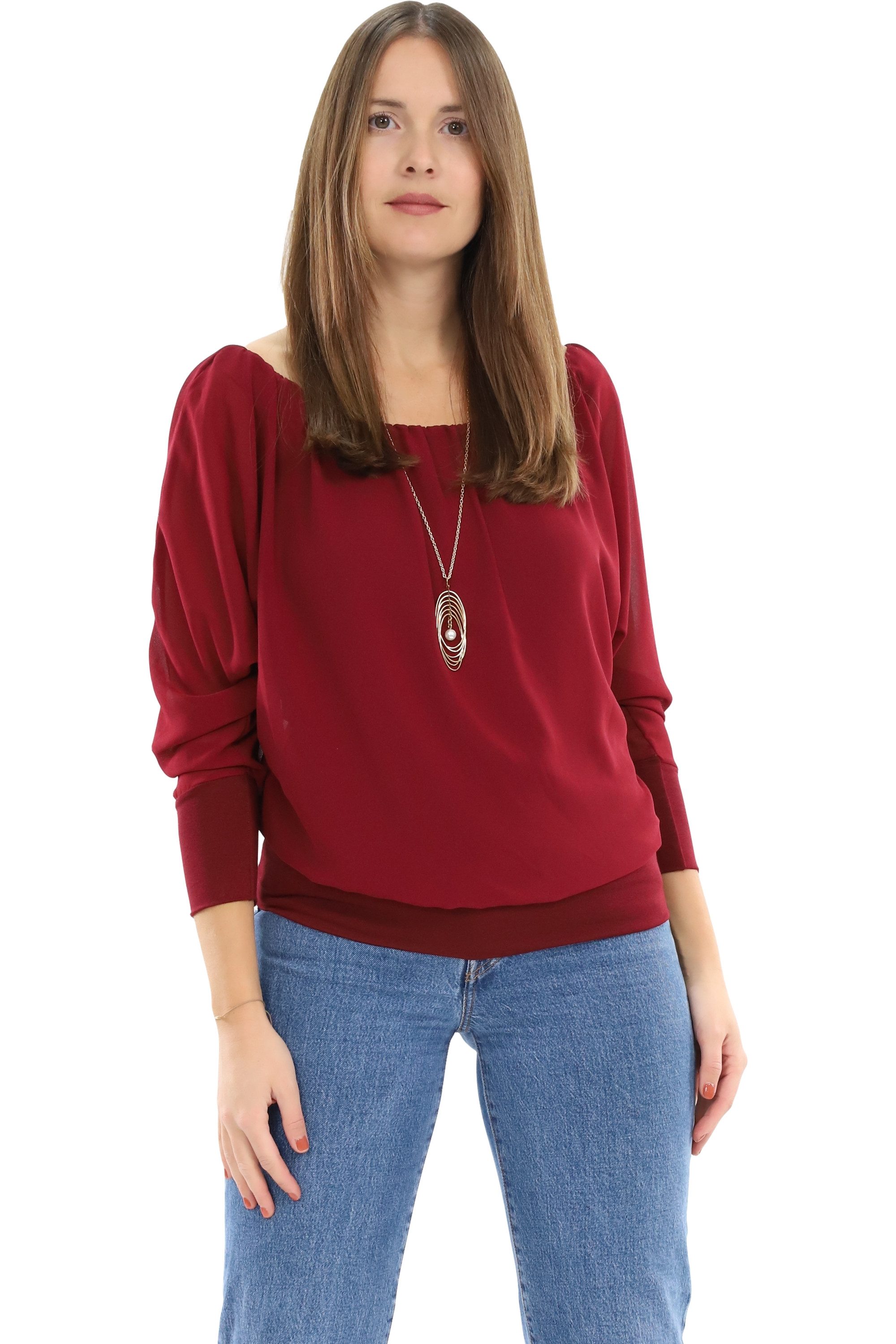 malito more than fashion Chiffonbluse malito Damen Bluse mit passender Kette, Tunika mit ¾ Armen, Blusensh Bluse mit Fledermausärmeln Einheitsgröße