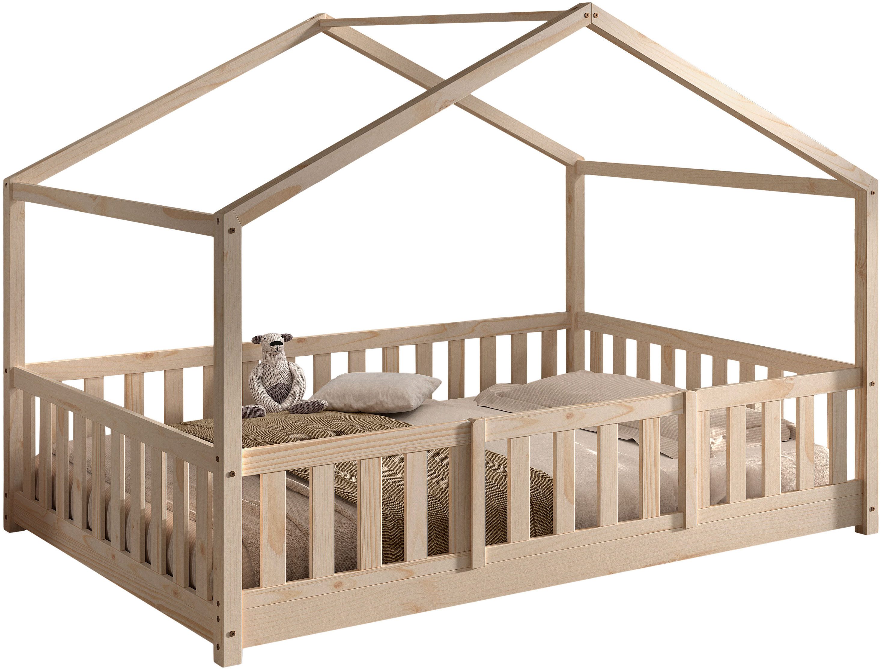 Vipack Hausbett Dallas, Massivholzbett mit Dachaufbau umbaubar vom Boden- zum Daybett (inkl. Rolllattenrost und Sprossenumrandung, 140x200 cm breit), mit Bettschublade, wahlweise Kiefer massiv natur oder weiß