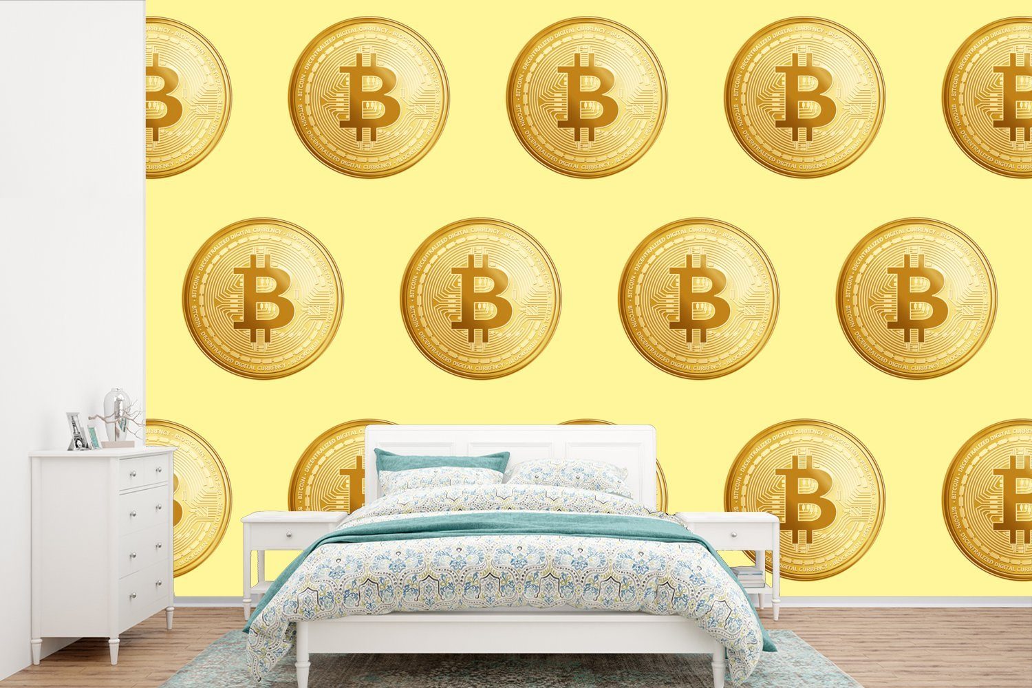 MuchoWow Fototapete Bitcoin - Gold - Muster - Gelb, Matt, bedruckt, (6 St), Wallpaper für Wohnzimmer, Schlafzimmer, Kinderzimmer, Vinyl Tapete