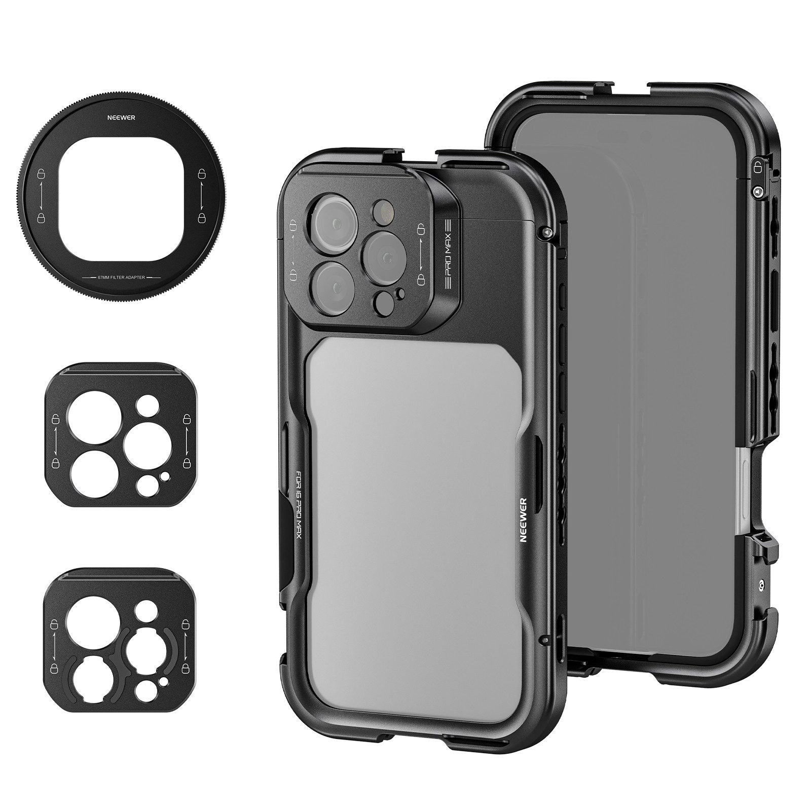 Neewer Smartphone-Halterung PA074 Käfig Phone Cage Video Rig kompatibel mit iPhone 16 Pro Max, (Packung, Schnellverschluss, mit 67mm Filter Adapter, mit 17mm Objektivanschluss)