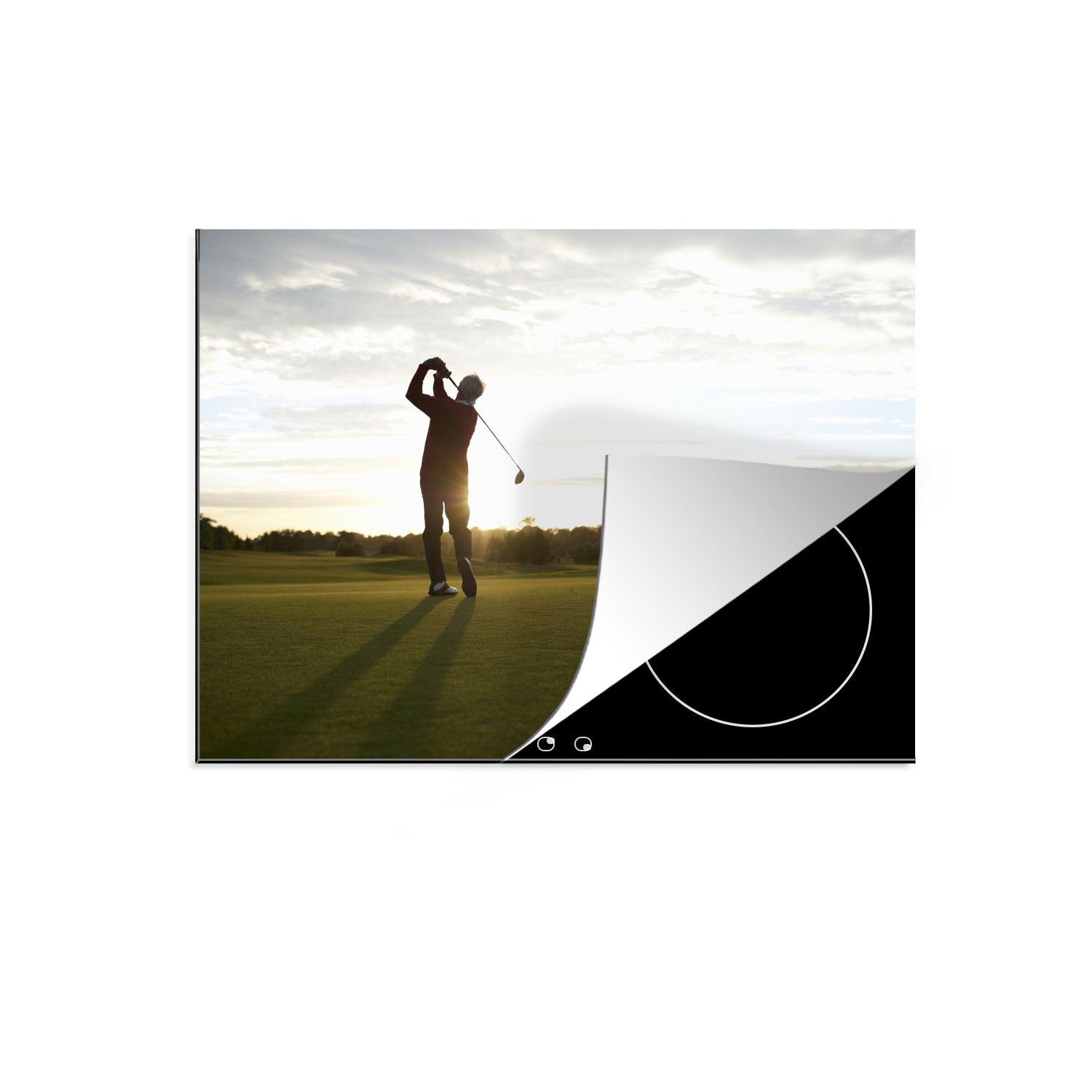 MuchoWow Herdblende-/Abdeckplatte Ein Mann spielt für mit Sonnenuntergang, cm, 71x52 einem Induktionskochfeld (1 Golf Schutz Ceranfeldabdeckung küche, tlg), die schönen Vinyl