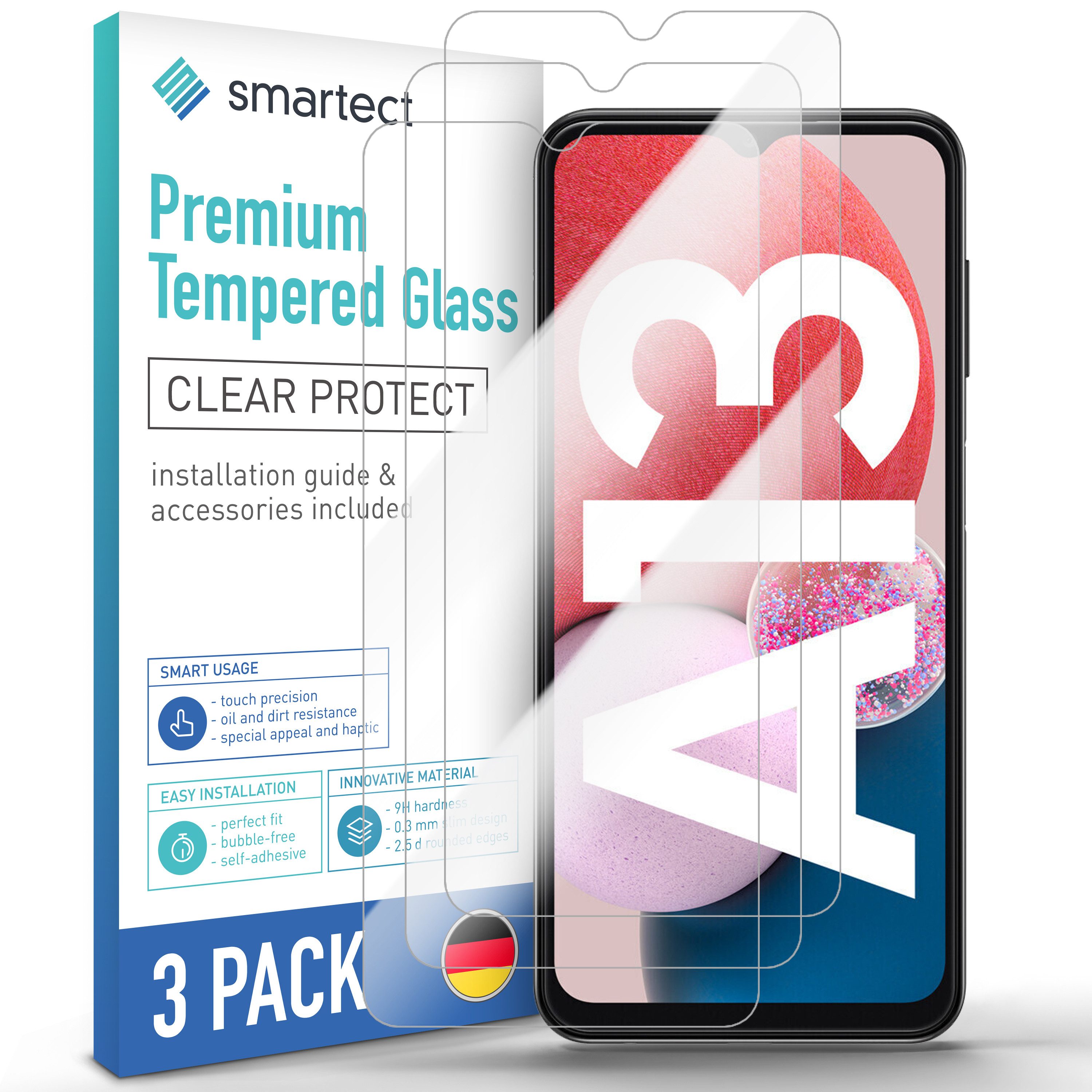 smartect Displayschutzglas 3X Schutzglas Panzerfolie Klar für Samsung Galaxy A13 4G/ 5G für Samsung Galaxy A13 4G/ 5G, Set, 3 Stück, 0.3 mm Ultra-klar, 9H Härte, Kratzfest, Stoßfest, Blasenfrei, Oleophob