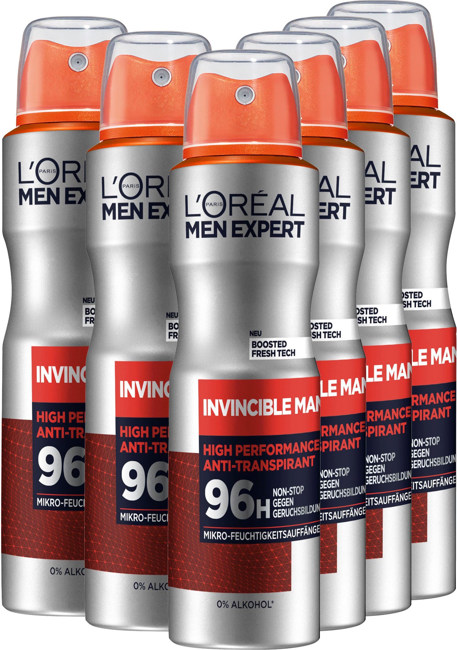 L'ORÉAL PARIS MEN EXPERT Deo-Spray Deo Spray Invincible Man 96h, Packung, 6-tlg., mit hoher Zuverlässigkeit