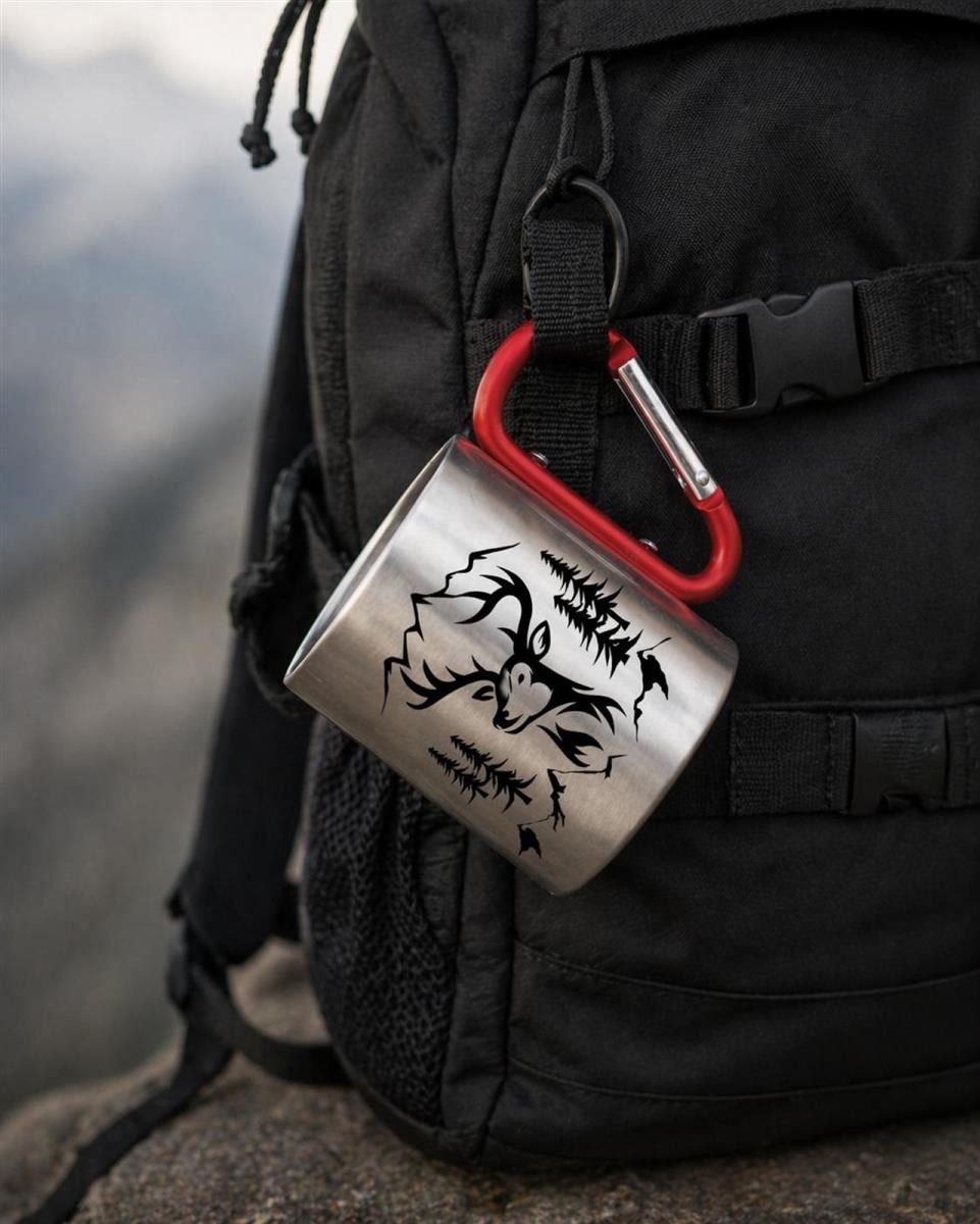 Geschenkestadl Becher 2 Metallbecher mit Karabiner, Camping, Wanderbecher mehrere Designs, Karabinerhaken Karabinergriff – Bild 4 von 5