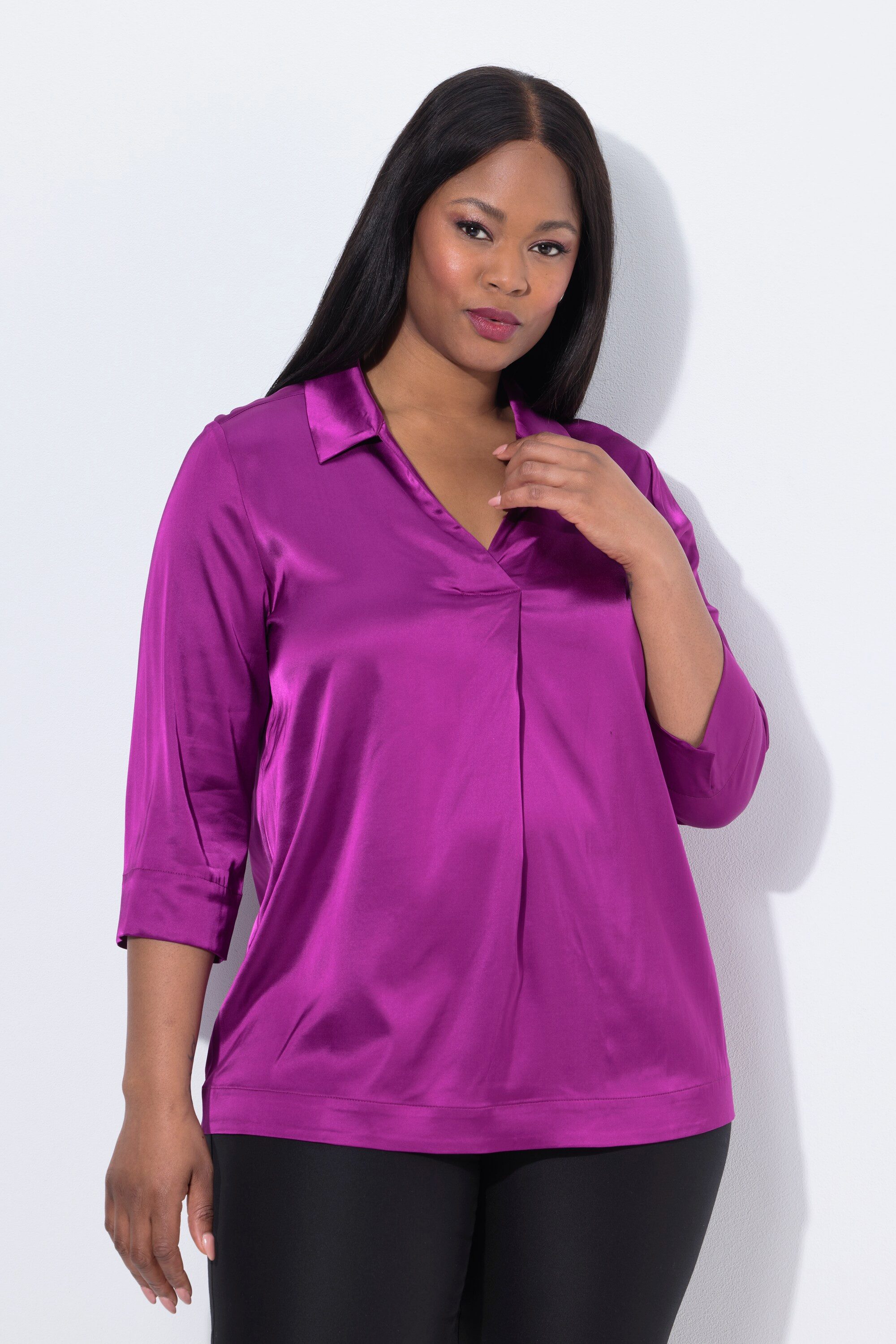 Ulla Popken Druckbluse Satinbluse Hemdkragen Zierfalte 3/4-Arm