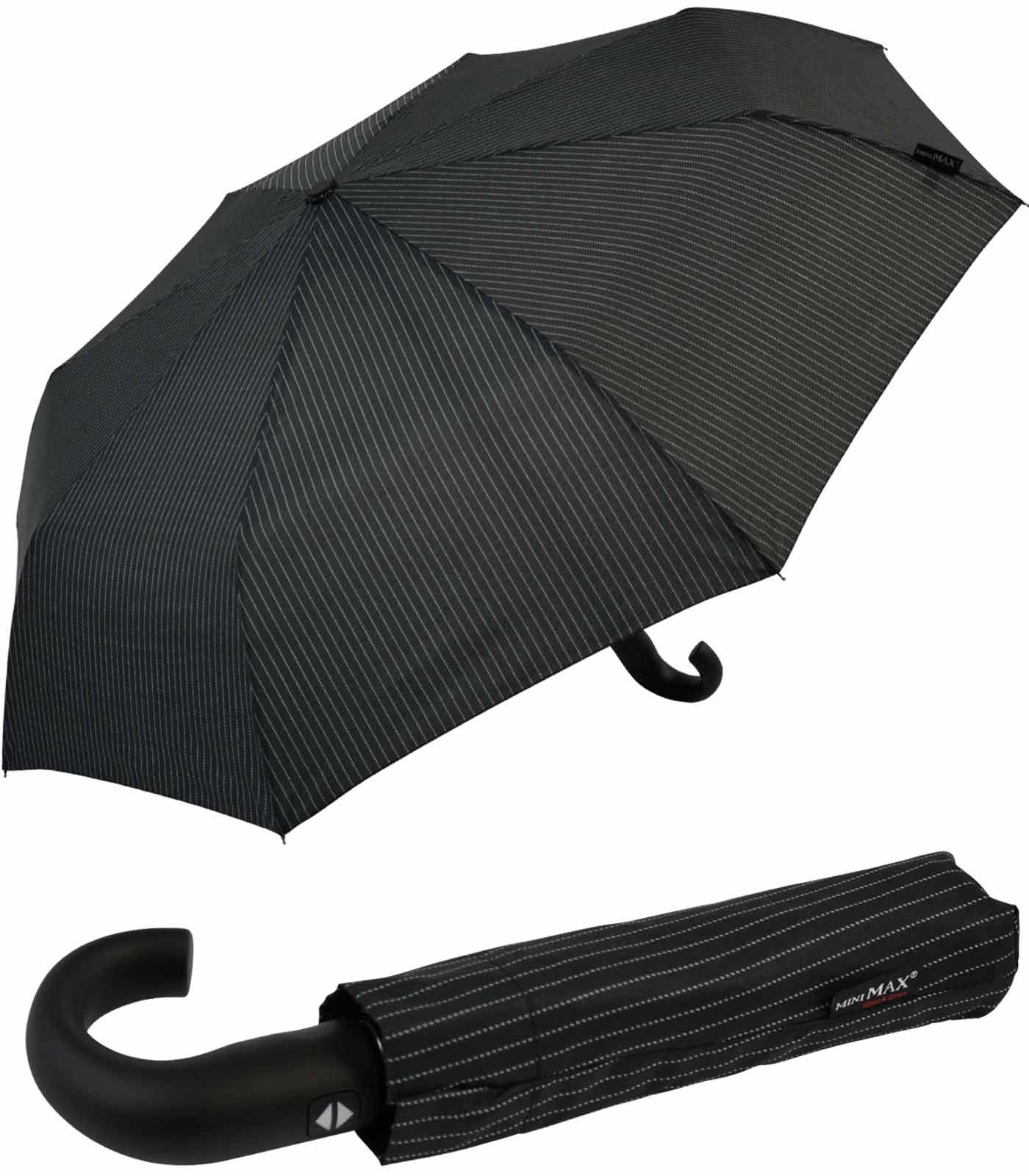 Impliva Taschenregenschirm miniMAX® Herren Auf-Zu-Automatik Rundhakengriff, klassisch elegant schwarz-Nadelstreifen