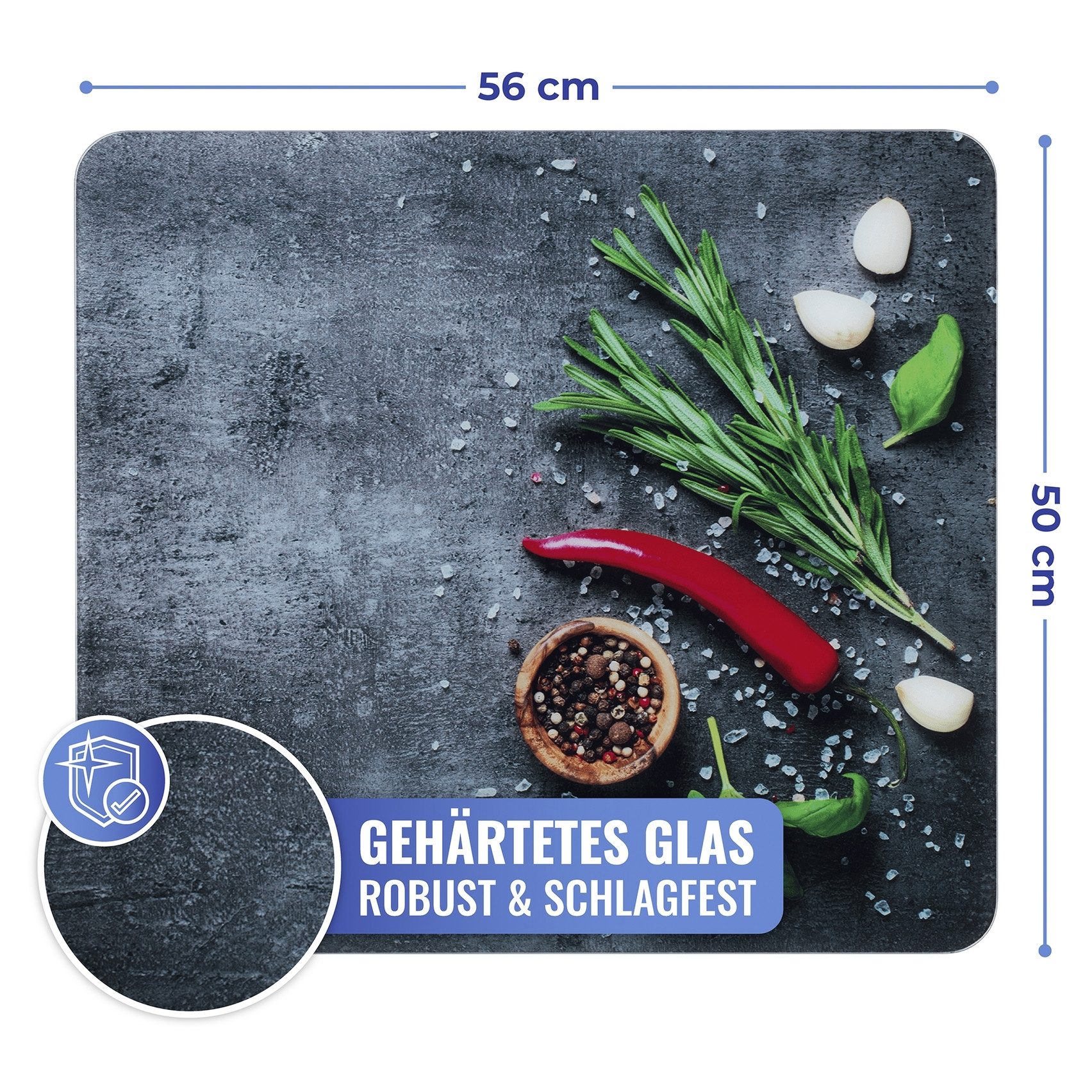 Maximex Schneide- und Abdeckplatte Modell Rosmarin, Glas, Spritzschutz, Herdblende, Schneidbrett, für Glaskeramik-Kochfelder