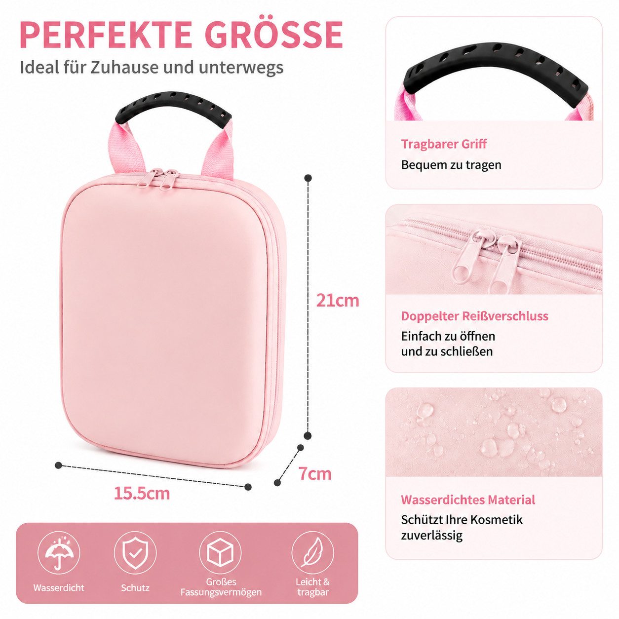 Fyrove Kosmetiktasche Schminktasche mit LED-Spiegel, Beauty Organizer für Damen (mit 3 Lichtmodi, Touch-Funktion, Innenfächern und Tragegriff), 600-mAh-Akku, 3, – Bild 5 von 5