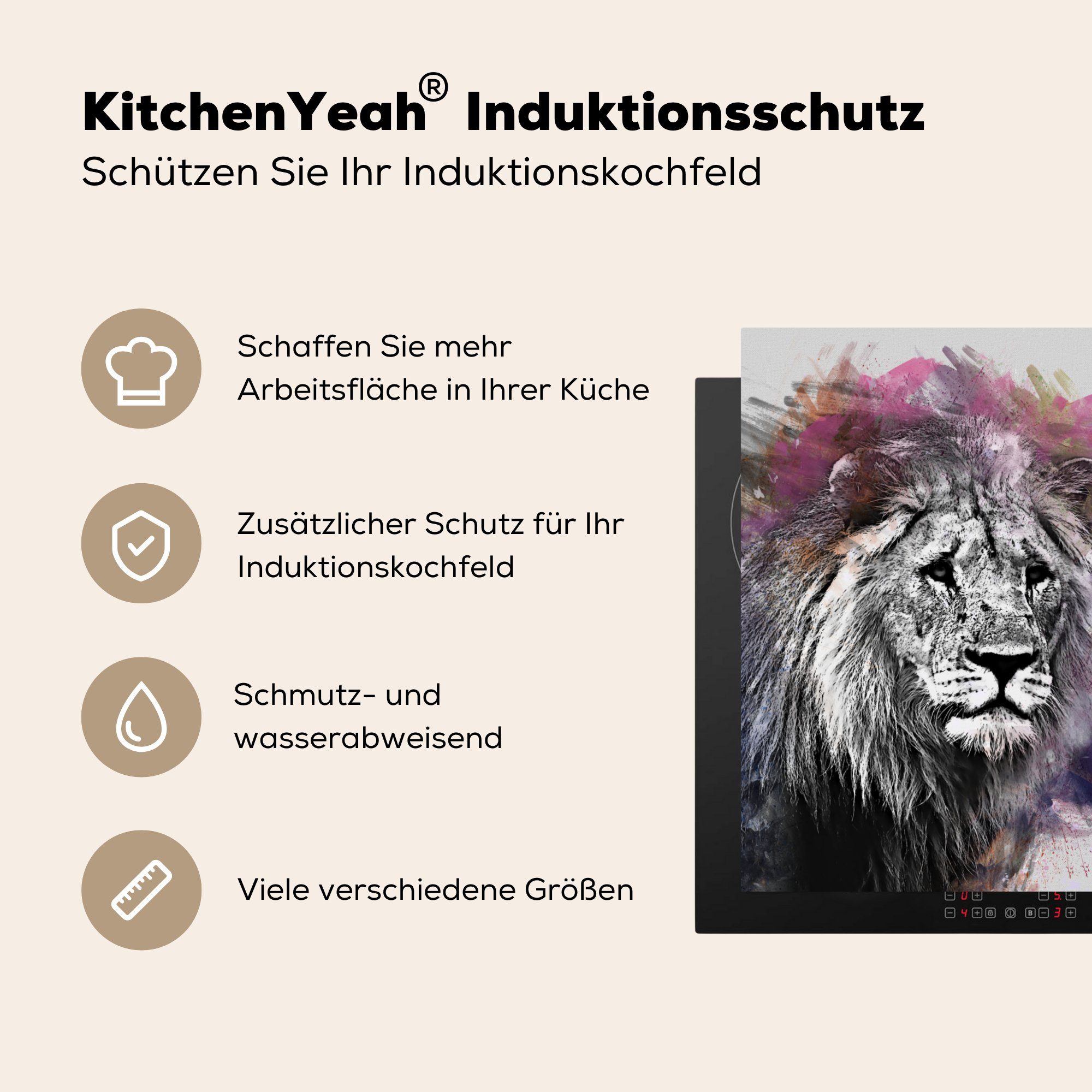 MuchoWow Herdblende-/Abdeckplatte Löwe - - (1 Vinyl, cm, küche Farben Arbeitsplatte Ceranfeldabdeckung, tlg), für Weiß, - Schwarz 78x78