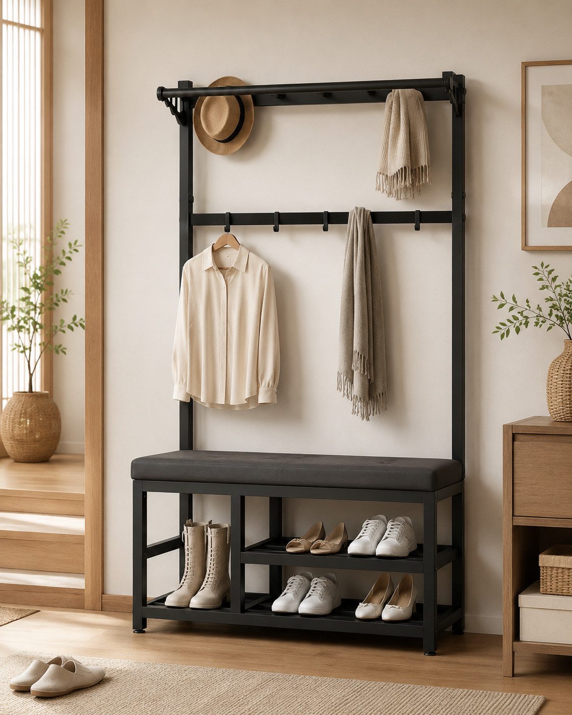 ibettertec Garderobenständer Kleiderständer Garderobe mit Schuhbank, flurgarderobe,garderobe flur, 170*90*33cm,mit 9 Kleiderhaken