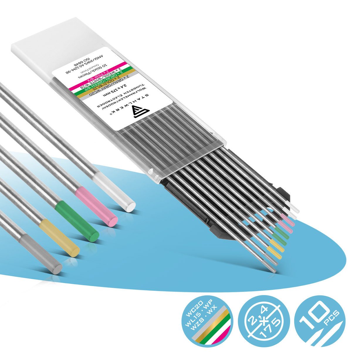 STAHLWERK Stabelektroden 10 x WIG Wolframelektroden 2,4 mm versch. Sorten, (Packung), beste Schweißeigenschaften sorgen für ein perfektes Arbeitsergebnis.