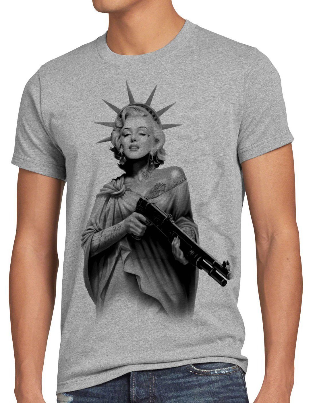 Monroe grau Marilyn T-Shirt Print-Shirt freiheitsstatue tattoo meliert rock style3 shotgun biker Herren usa punk