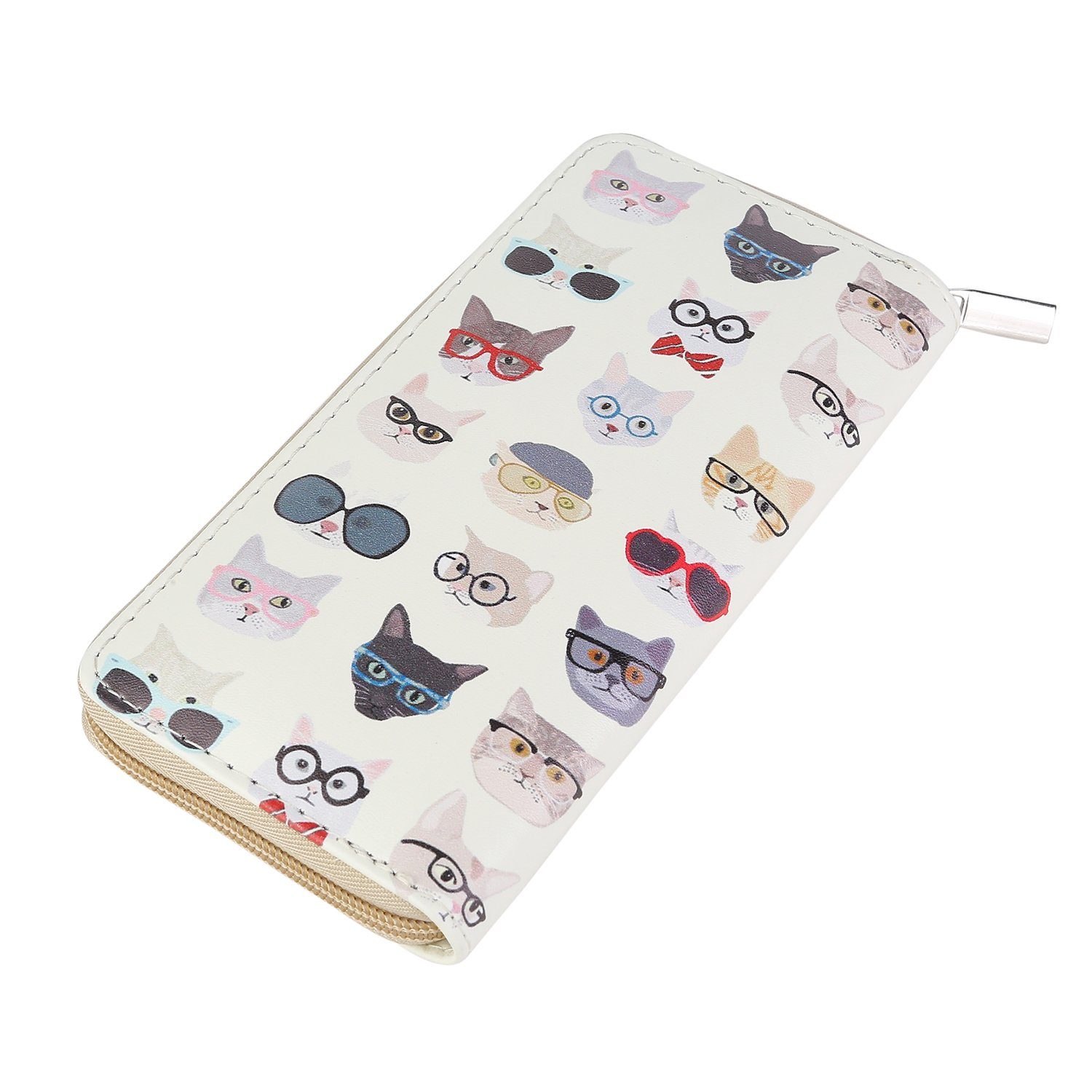 DonDon Geldbörse Geldbeutel Portemonnaie Muster Katze Hund (1-tlg), Geldbörse für Damen und Mädchen, verschiedene Motive, mit Reißverschluss federn und Perlen - Beige-rosa