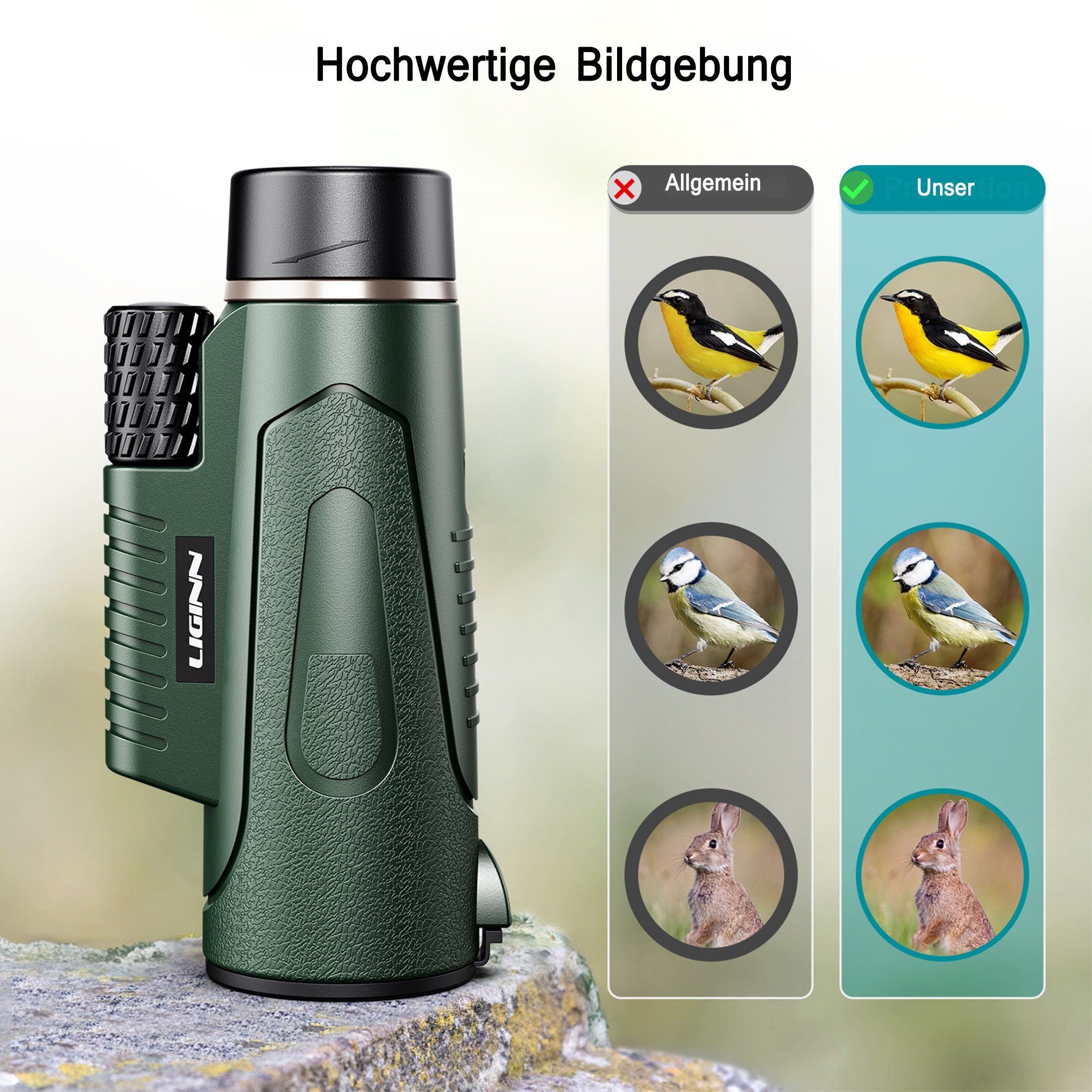 LeiGo Monokular 12x50,HD-Teleskop,Monokular,mit + Stativ (12fache für Vergrößerung Grün Handy-Clip Fernglas Vogelbeobachtung/Sportspiele/Jagd/Reisen)