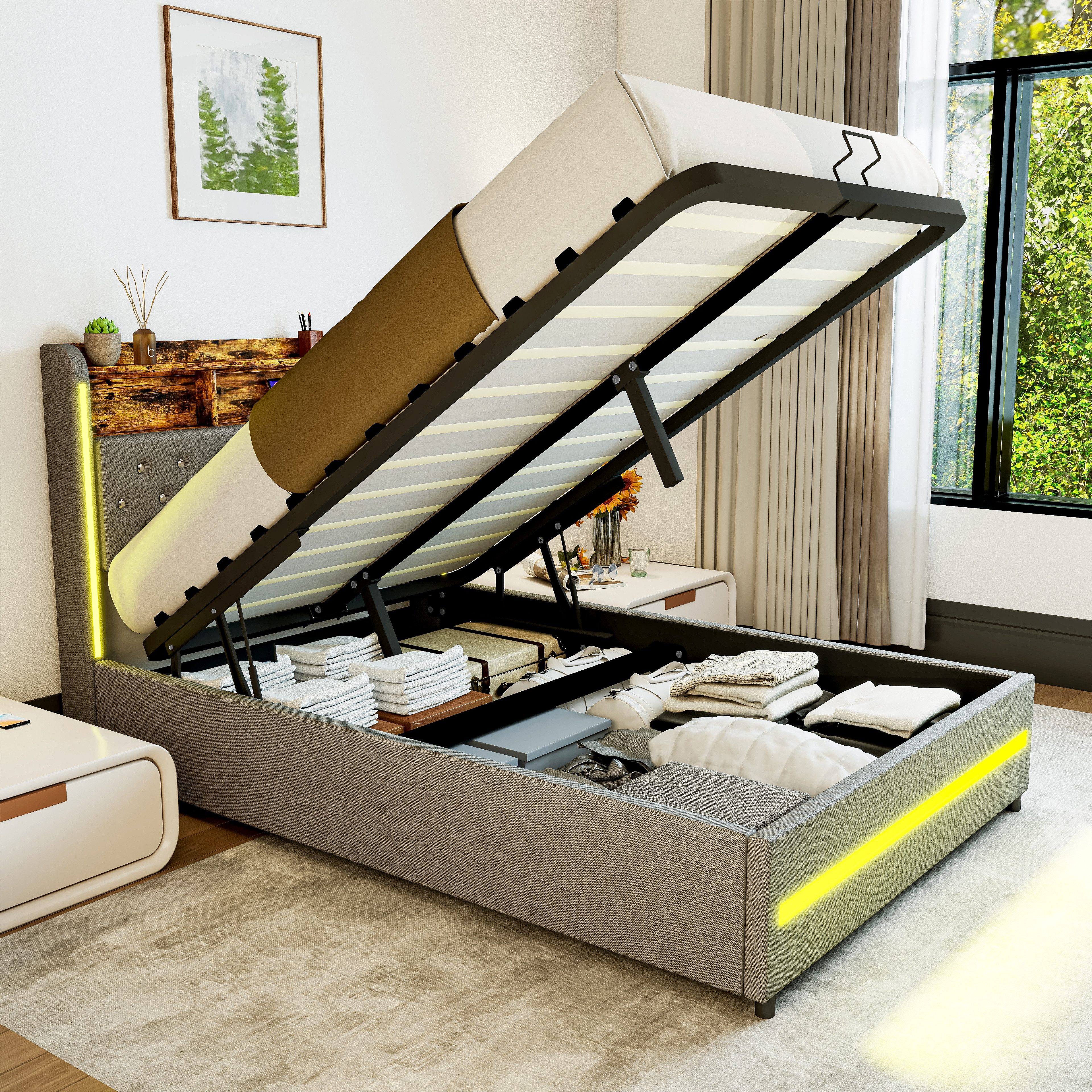 oyajia Polsterbett Stauraumbett Doppelbett LED, Leinenstoff (Mit Bettkasten, LED-Beleuchtung, 140x200 cm), Hydraulisch hebbarer Stauraum