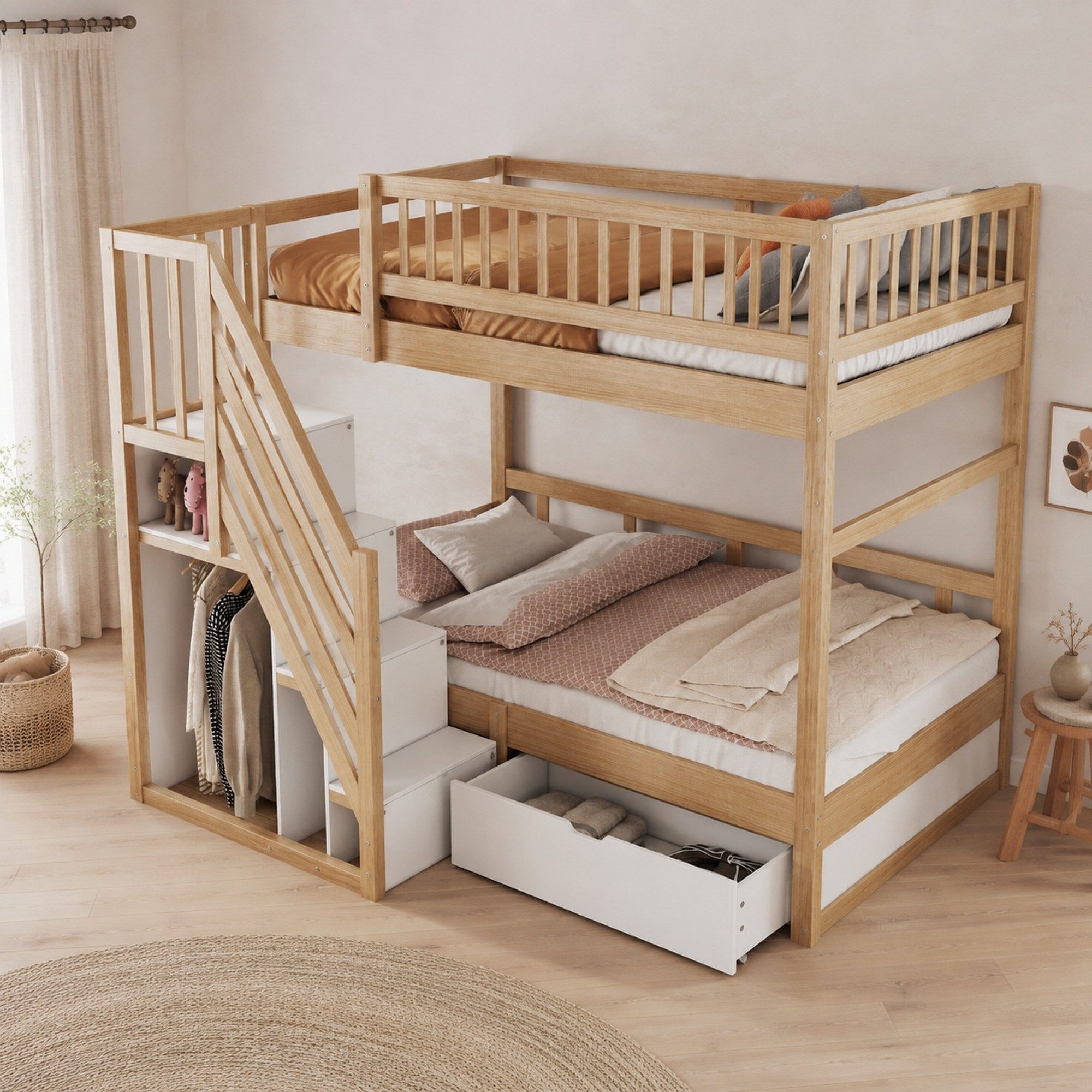 OKWISH Etagenbett Doppelstock-Hochbett aus Massivholz mit Stauraumleiter (Packung, 2 Lattenroste, Schublade, Sicherheitsgitter, ohne Matratze), Holzfarbe, 205x95x173 cm, 90x200 cm