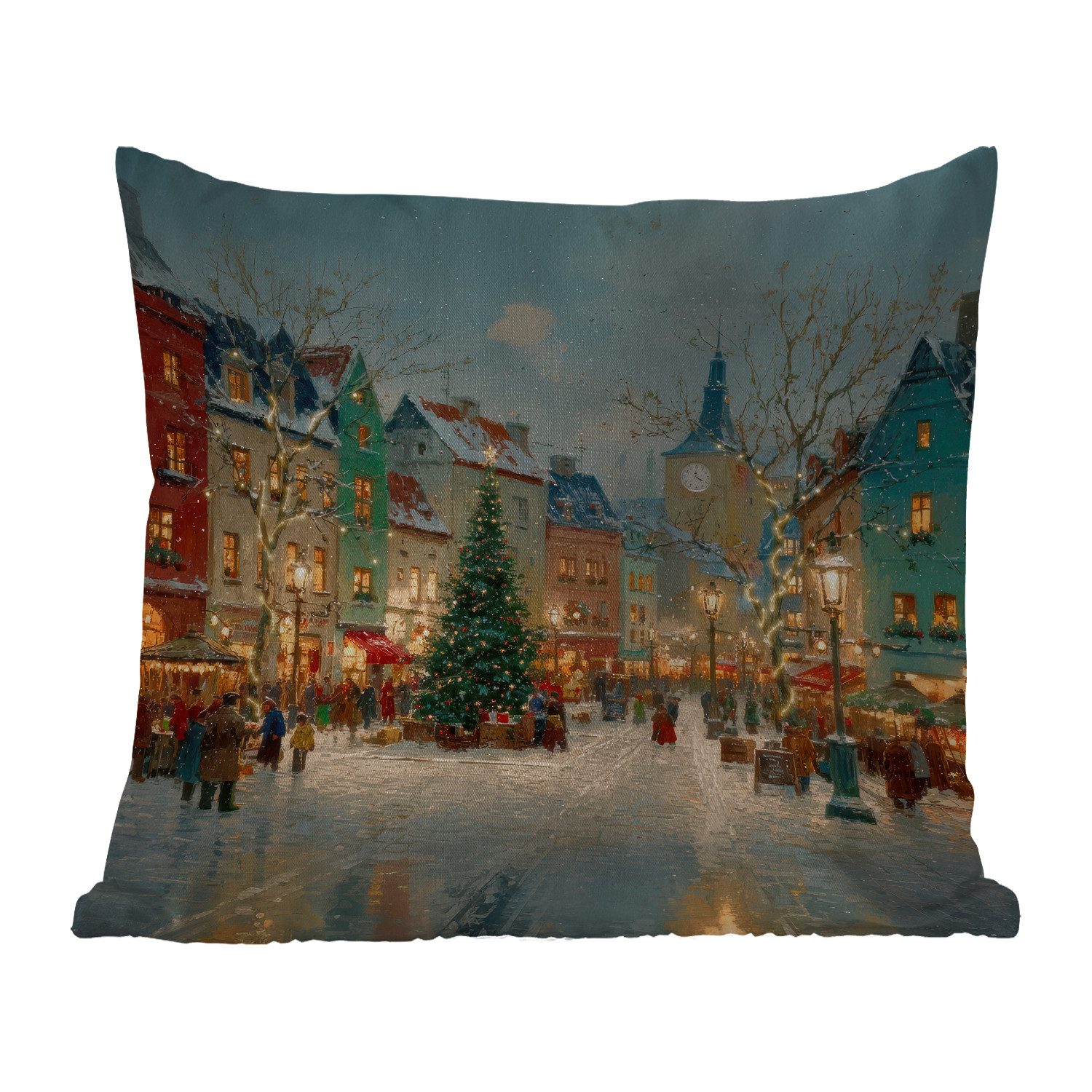 MuchoWow Dekokissen Weihnachtliche Atmosphäre - City Square - Farbenfroh, Kissen