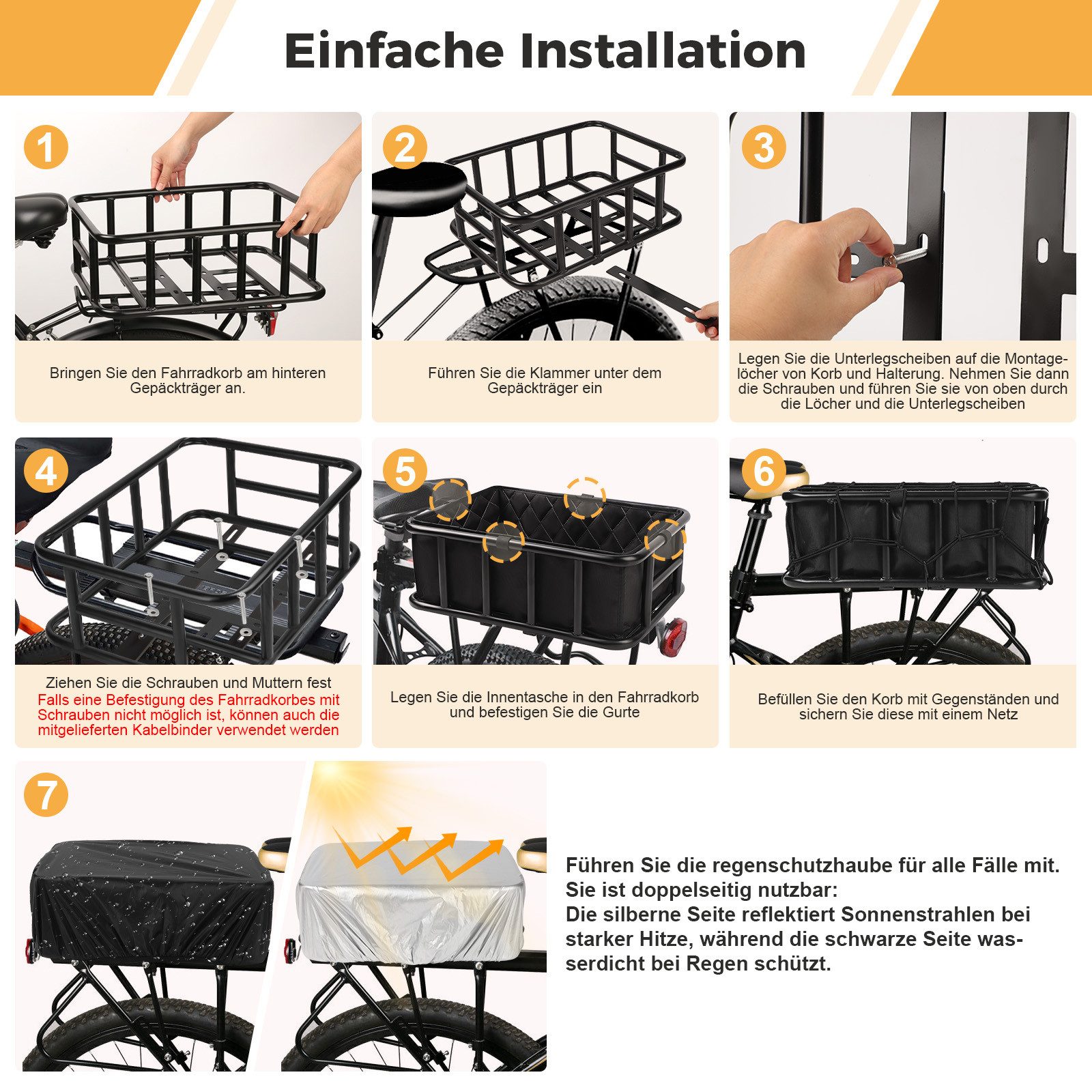 PRIISF Fahrradkorb Fahrradkorb Hinten Groß Gepäckträger Fahrrad Korb Einkaufskorb Metall (Hinterradkorb mit Wasserdichtem Liner & Gepäcknetz & Abdeckung, Gepäckträgerkorb 43x33,2x15cm Hinterradkorb Schulkorb Stahl Rostschutz), für passt an meisten Fahrradgepäckträger, E-Bikes, Fahrradgepäckträger