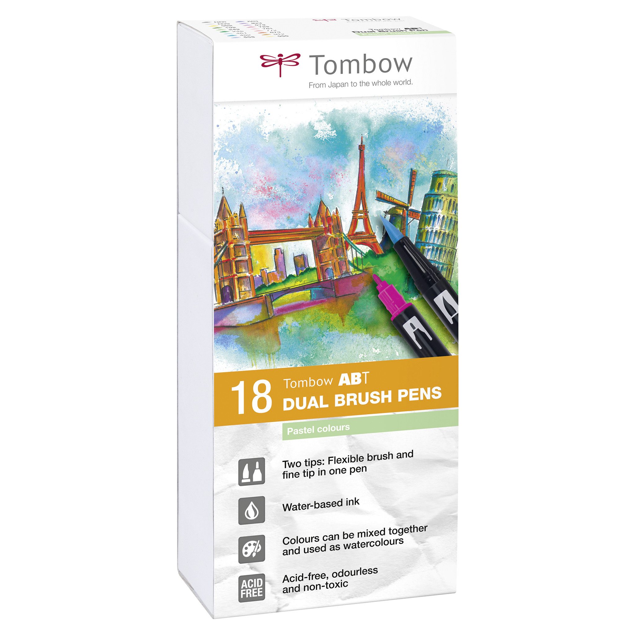 TOMBOW Pinselstift Tombow ABT Dual Brush Pen, (18er Set), zwei Spitzen, für Hand Lettering & Bullet Journal, wasservermalbar