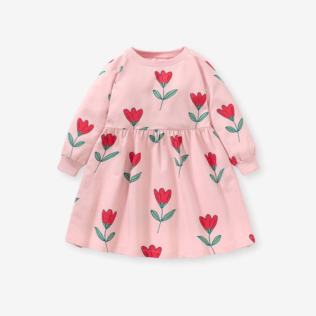 suebidou Midikleid Mädchen Kleid ausgestellt Langarm rosa mit floralem Allover-Print wunderschöner Allover Print