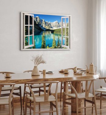 Sinus Art Leinwandbild Wandbild 120x80cm Fensterbild See Bergsee Berge Tannenwald Sommer Sonn, (1 St)