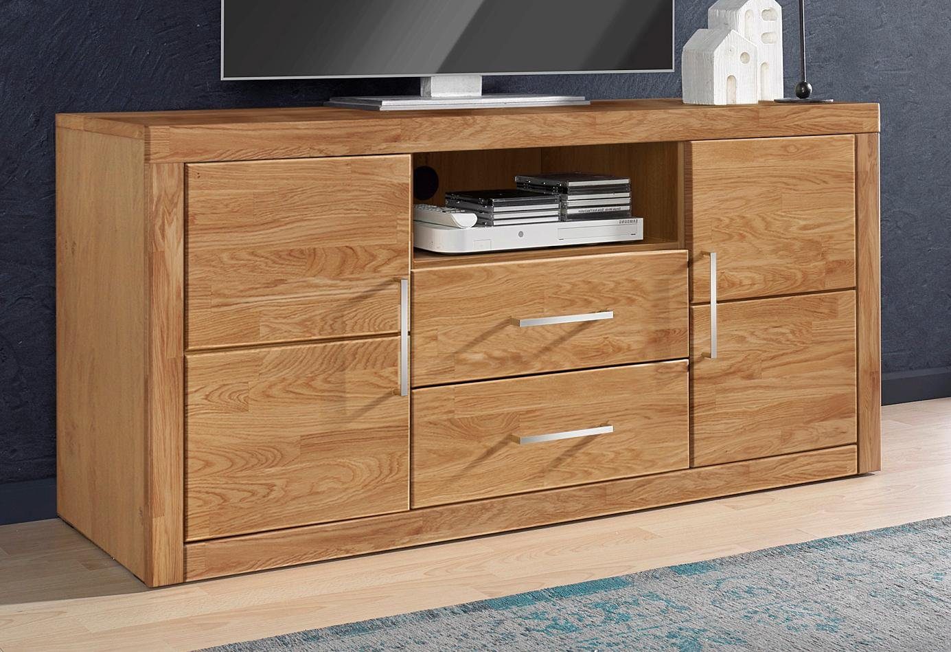 OTTO home Lowboard Logo,130cm breit, Fronten Massivholz,5 Fächer, Holz massiv, Holzwerkstoff, Metall Griffe,2 Türen,2 Schubladen
