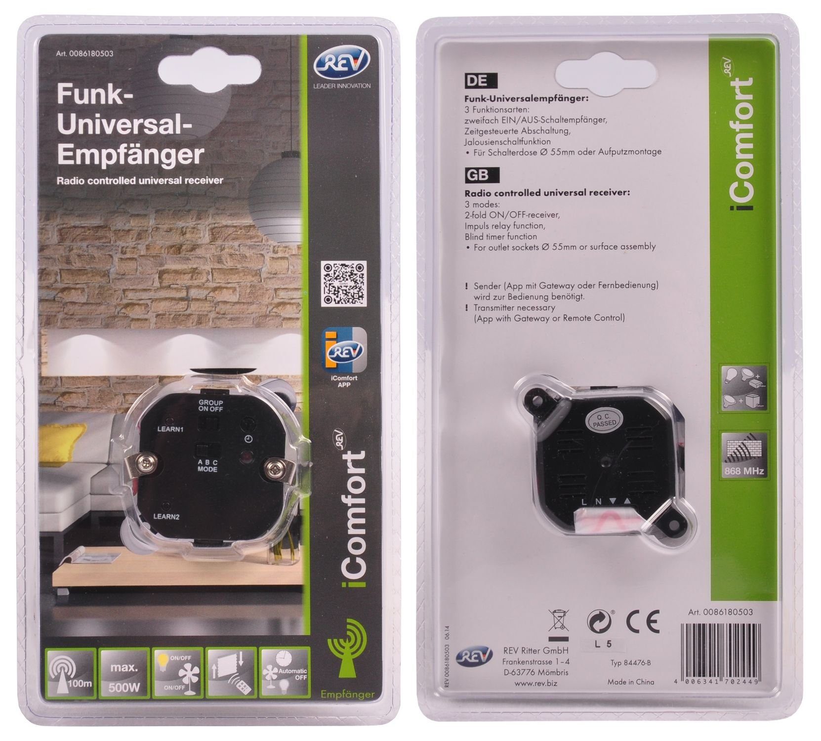 REV Ritter GmbH Funksteckdose iComfort Funk Wandschalter Set inkl.Empfänger drahtlos Einbauschalter